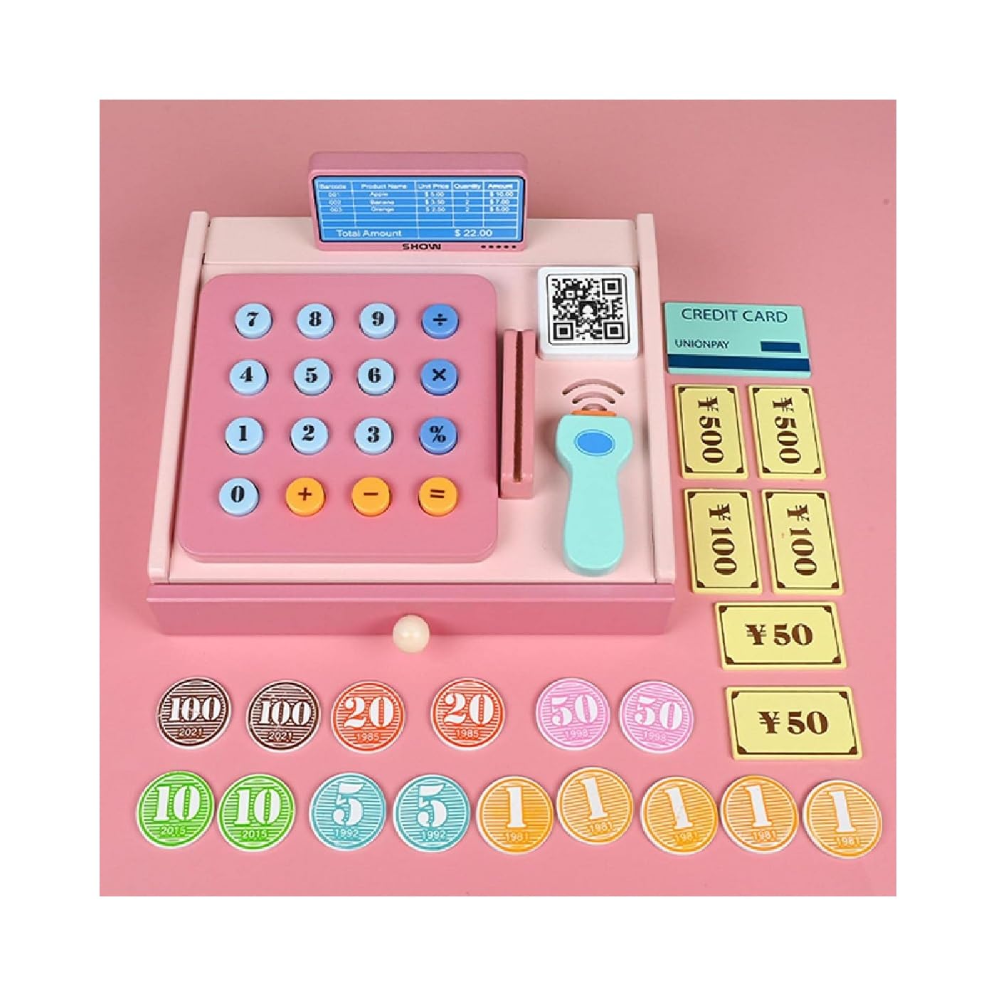 Wooden Cash Register Toy for Kids - Pretend Play Money, Scanner & Bank Card - Educational Grocery Store Toy for Preschoolers - Perfect Gift for Children's Supermarket Role Play & Cosplay - Great for Learning Math & Social Skills
