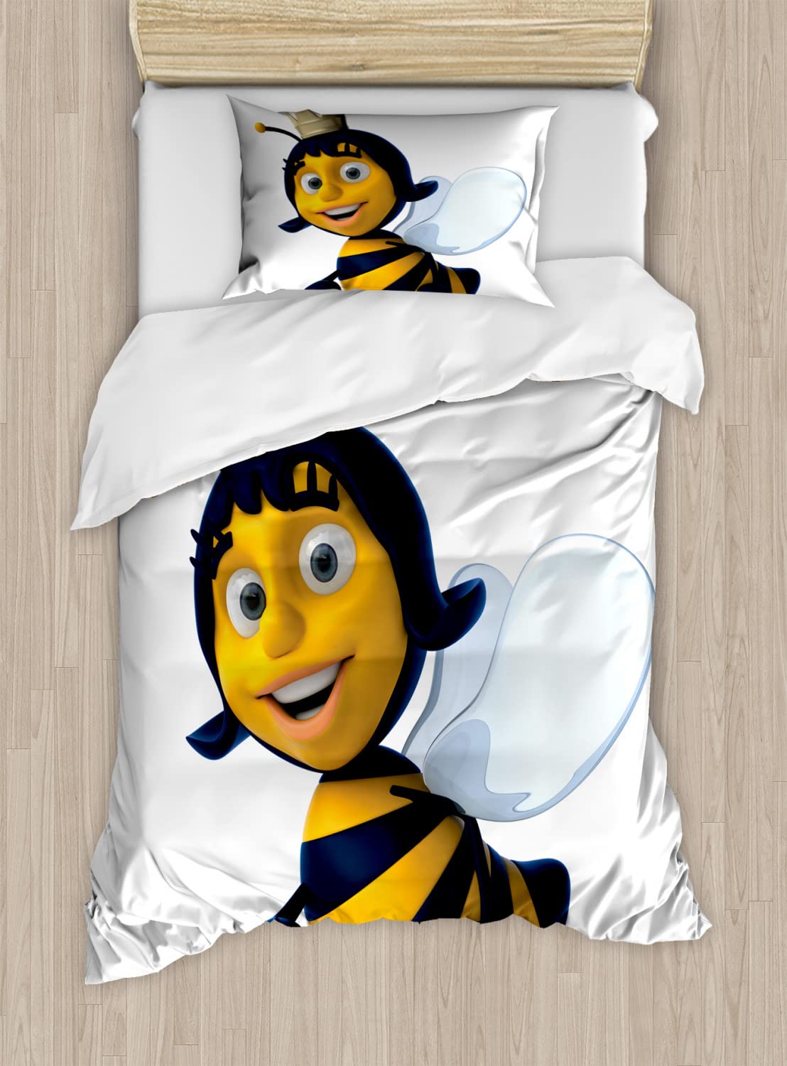Ambesonne Queen Bee Duvet Cover Set - 3D Printed Queen Bee Crown Design, 2-Piece King Size Bedding Set with 4 Pillowcases (Earth Yellow & Royal Blue) - Perfect for Beekeepers, Nature Lovers & Unique Home Decor