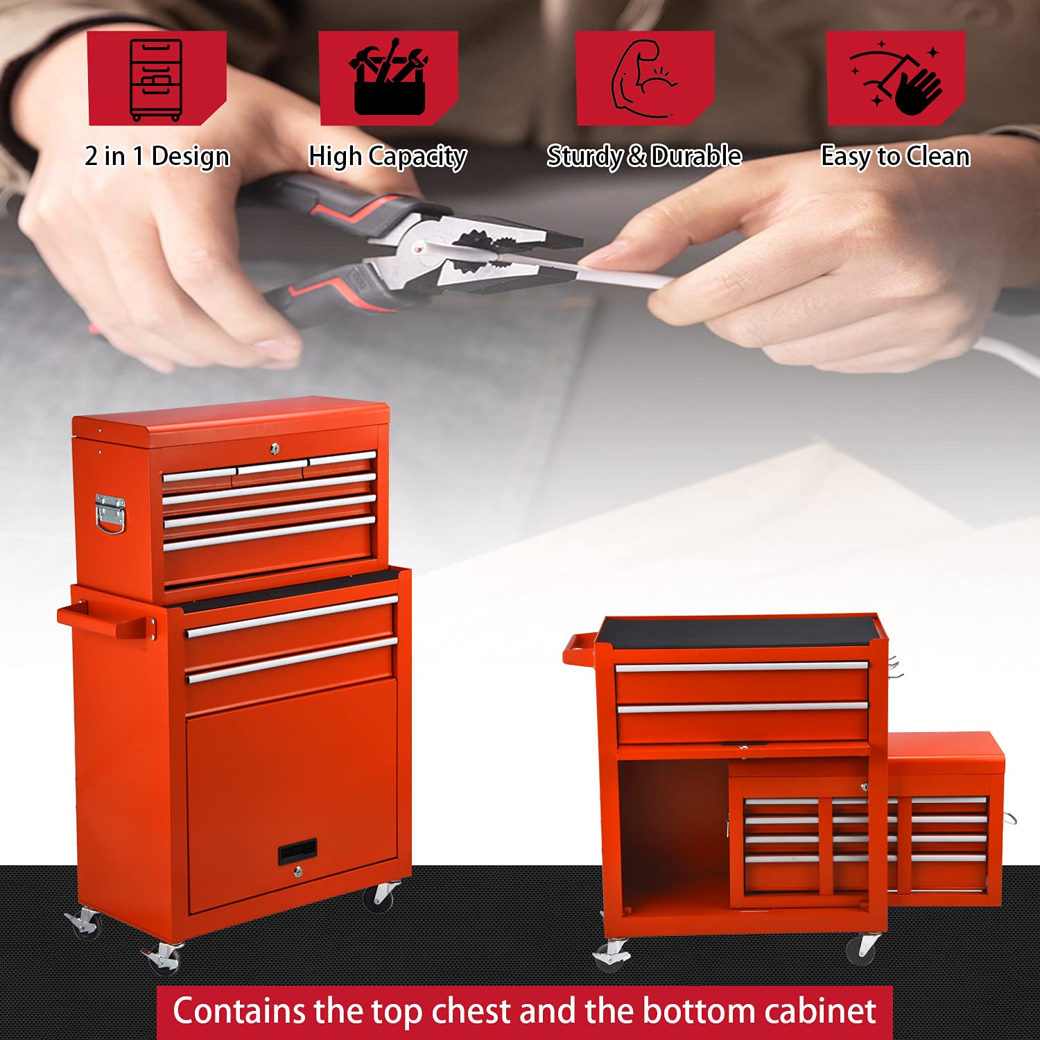 8-Drawer Rolling Tool Chest - 2-in-1 High Capacity Tool Box & Detachable Organizer, Heavy Duty Tool Storage Cabinet with 4 Wheels & Lockable Lined Drawers for Garage, Warehouse, Workshop, Home DIY (Red) - Perfect for Mechanics, Carpenters, and Professional Technicians