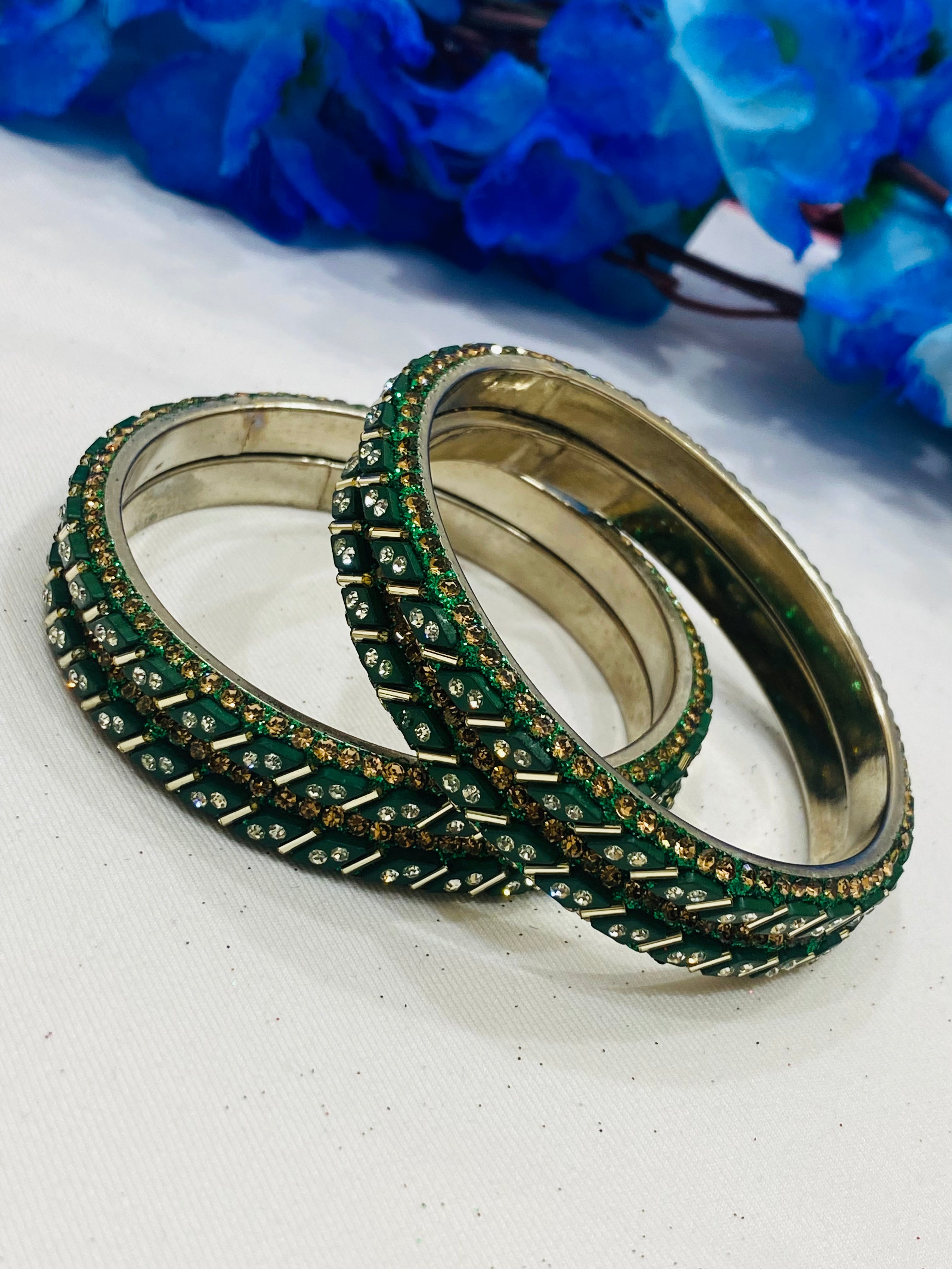 Elegant Green Metal Bangles with Sparkling White Stones for Women - Perfect for Parties, Weddings & Everyday Fashion Accessories