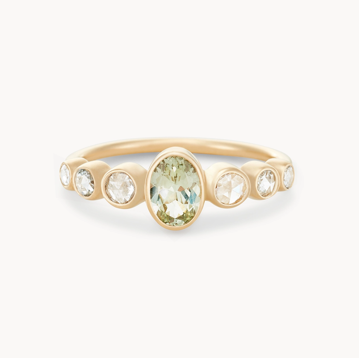 Unique 14K Yellow Gold Green Oval Sapphire Rose Cut Diamond Ring – Enduring Devotion One-of-a-Kind Jewelry for Engagement, Anniversary & Special Occasions