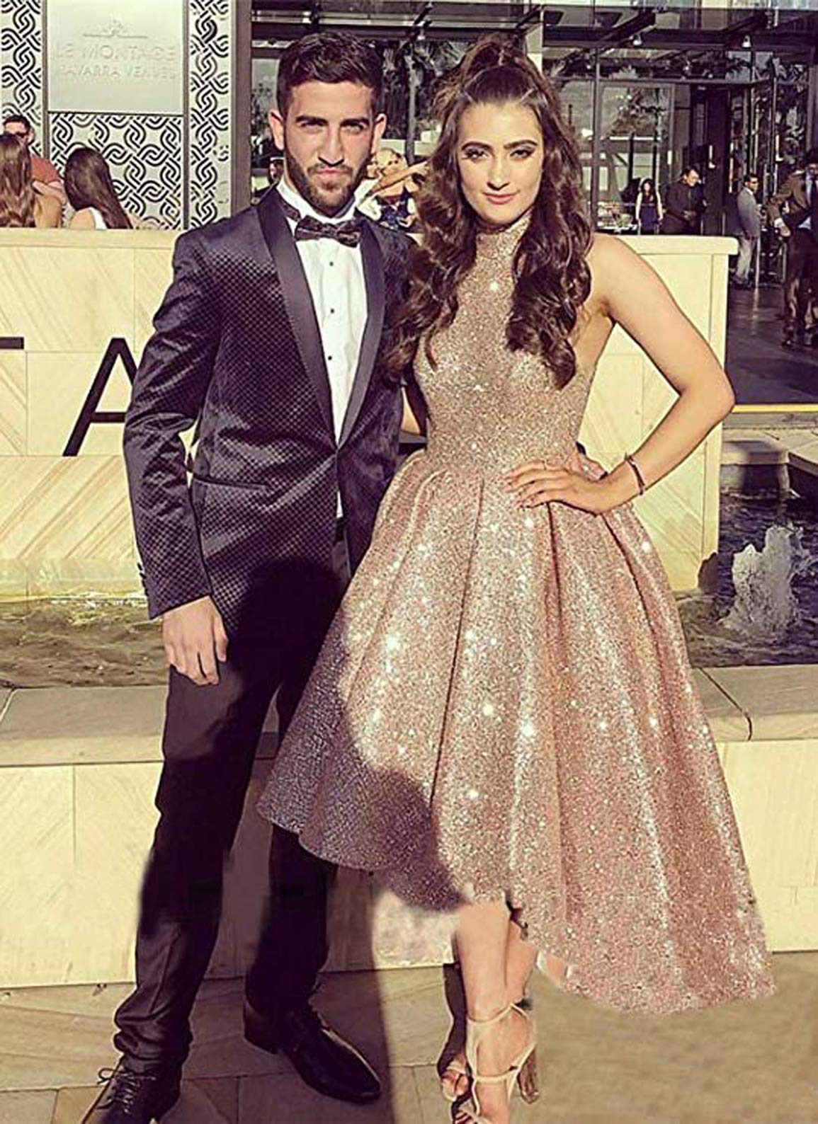 Sparkly High Low Glitter Prom Dresses 2024 - Elegant High Neck Pageant Ball Gown for Women | Formal Evening Dress AL055 | Perfect for Homecoming, Quinceañera & Red Carpet Events