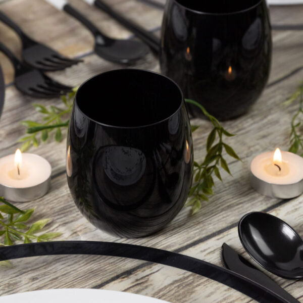 6 Pack Black Stemless Plastic Wine Glasses - Shatterproof & Reusable for Outdoor Parties, Picnics, and Poolside Drinks