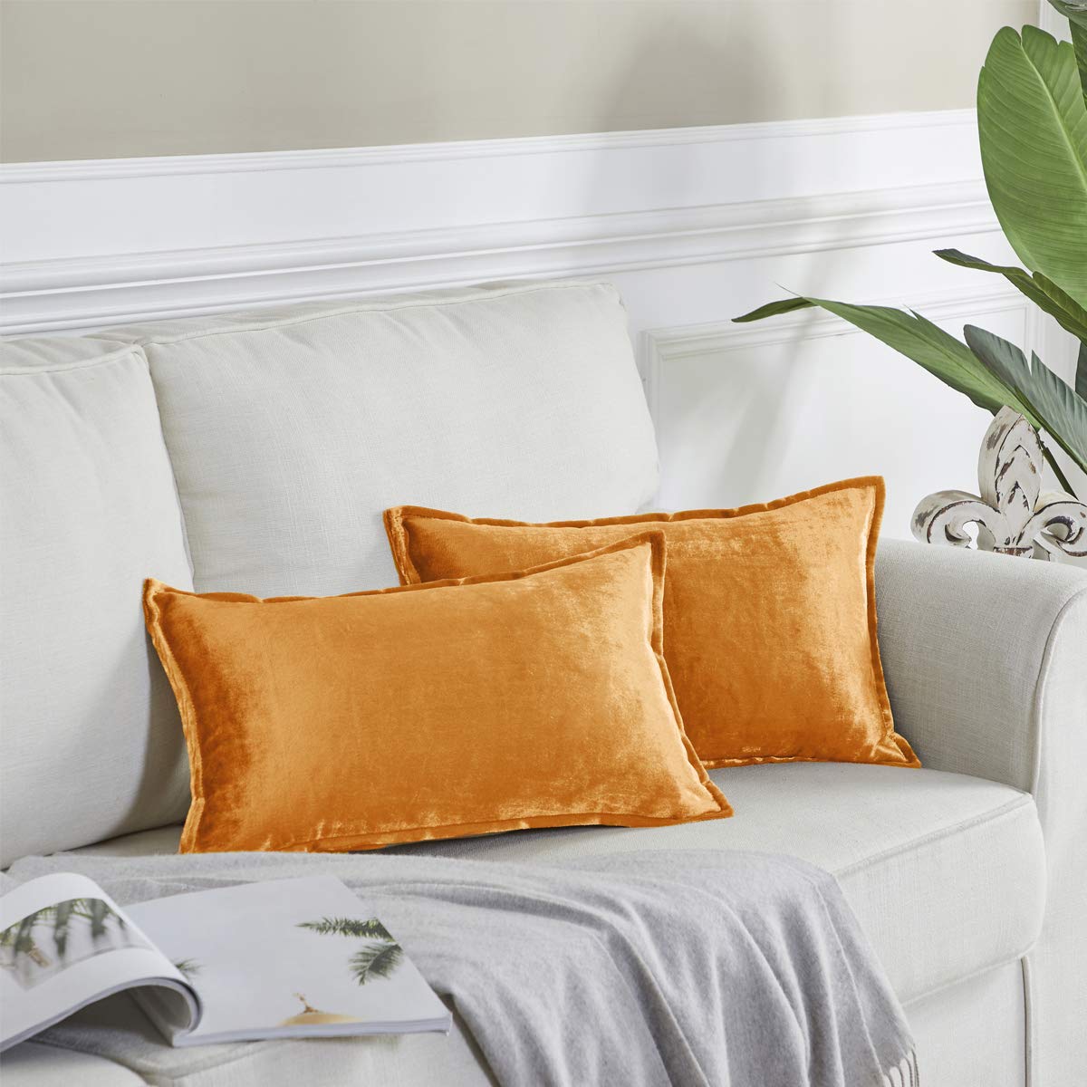 GIGIZAZA Velvet Decorative Lumbar Throw Pillow Covers 12x20 Inches, Cinnamon Orange, Pack of 2 - Soft Couch & Sofa Pillow Covers for Living Room, Bedroom Decor
