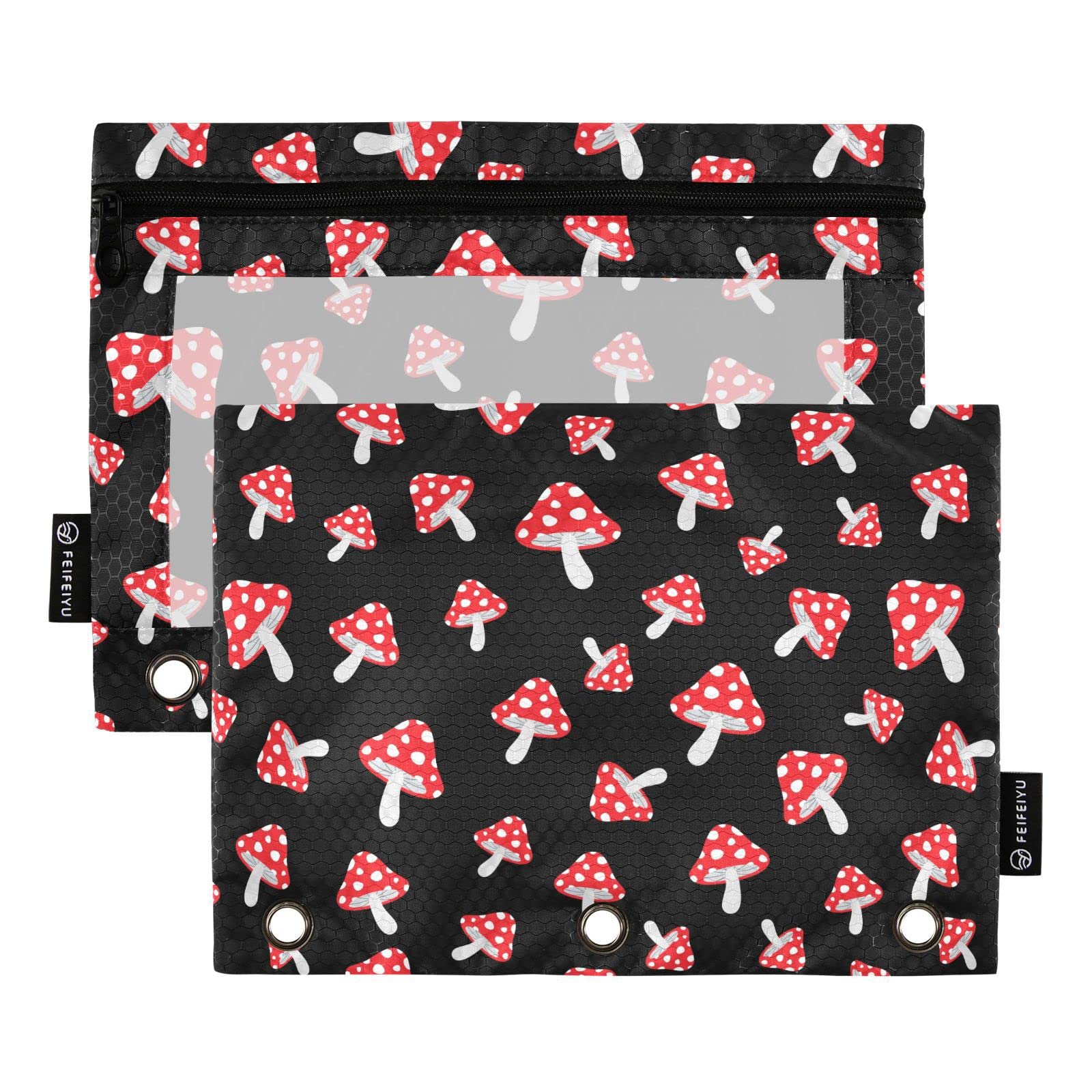 ALAZA 2PCS Cartoon Forest Red Mushrooms Pencil Pouch for 3 Ring Binder - Clear Window Zipper Pencil Case & Cosmetic Bag for Office, College School Supplies - Perfect for Organizing Pens, Makeup & Stationery in Classroom or Work