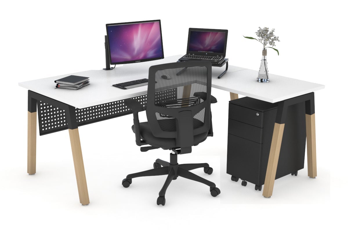 Premium L-Shaped Corner Office Desk with Quadro A Legs & Wood Cross Beam - 1600L x 1800W, Cable Management Scallop - Perfect for Home Office, Gaming Setup & Workspace Organization