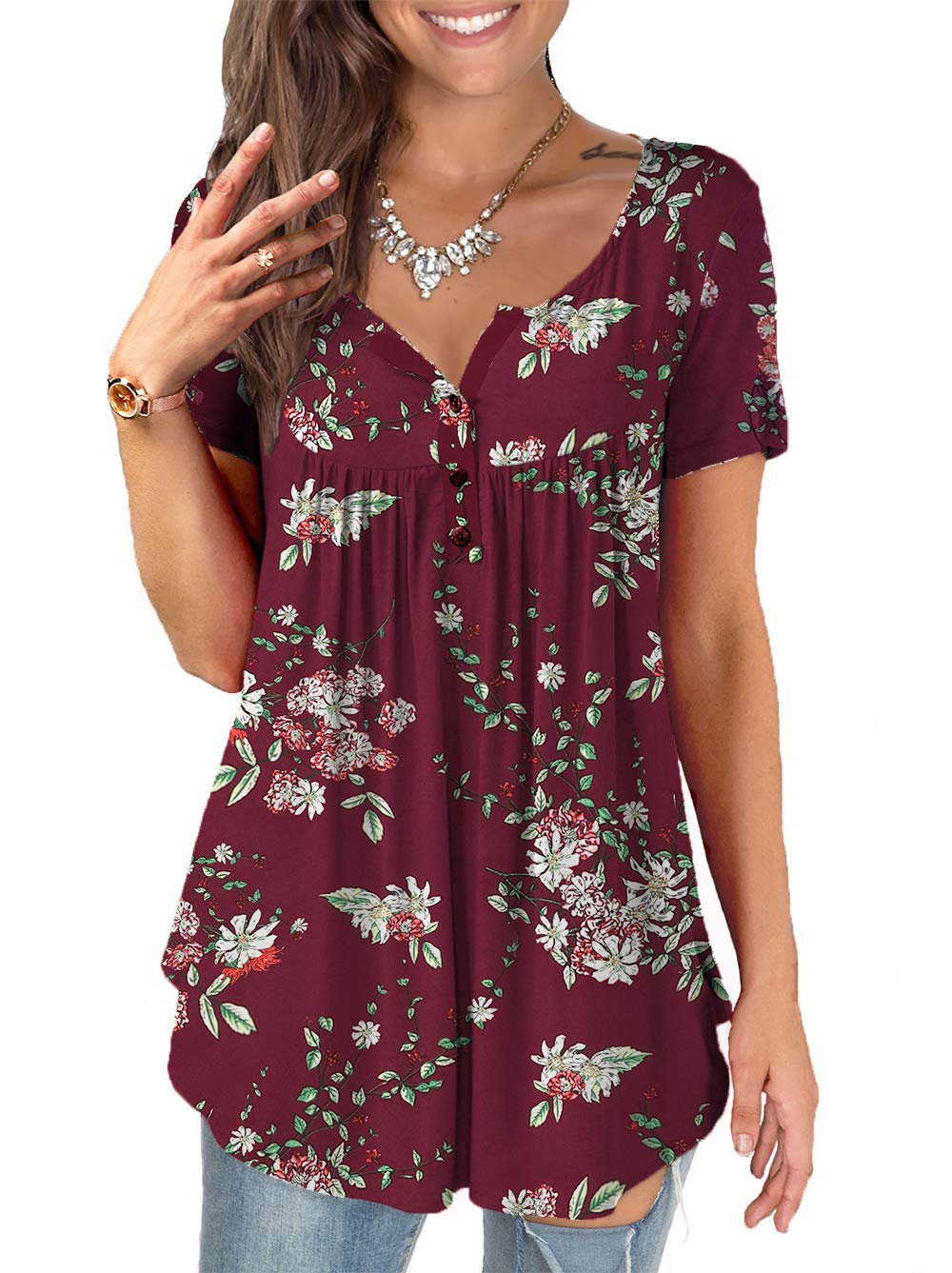 Jesdani Women's Plus Size Summer Tunic Tops - Short Sleeve Casual Floral Henley Blouses for Women | Perfect for Beach, Vacation & Everyday Wear
