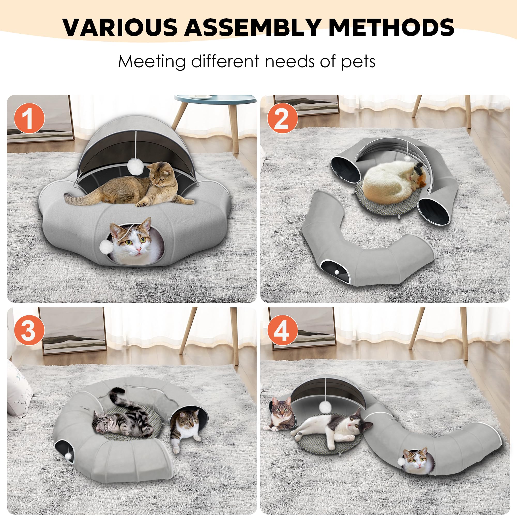 Large Cat Tunnel Bed with Ball Toy & Washable Mat - Detachable Straight Tunnel for Indoor Cats | Multi-Functional Pet Playhouse for Playtime & Napping - Cool Comfort Mat Included