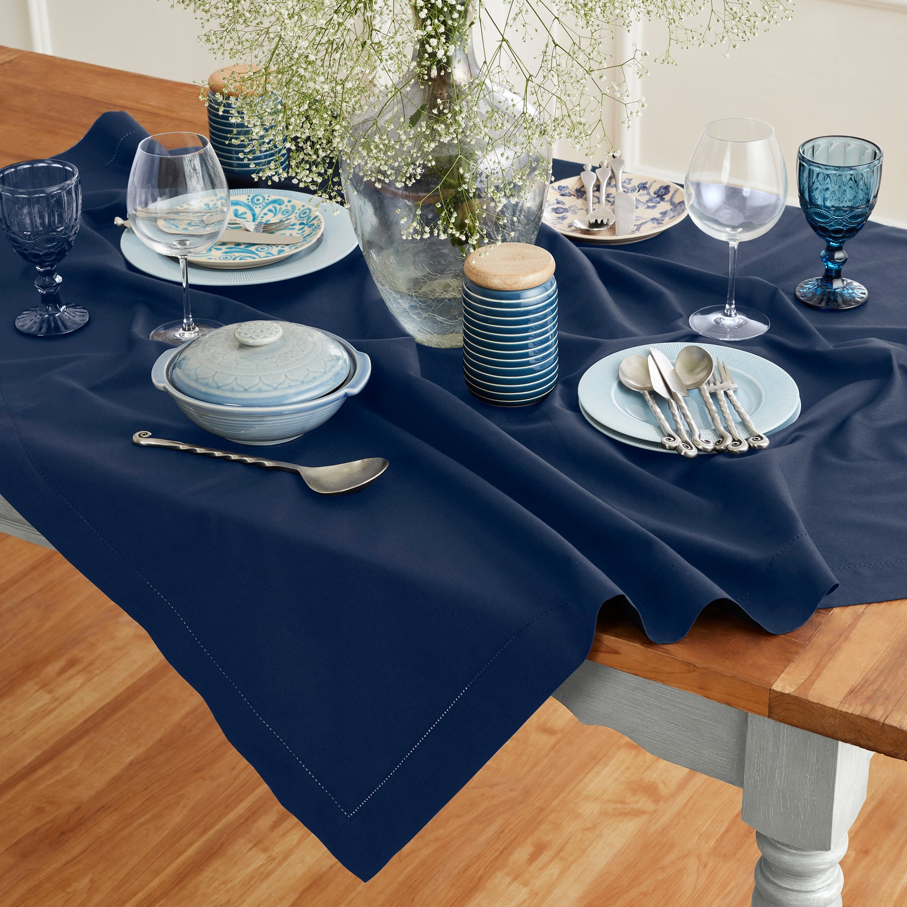 Premium Cotton Linen Hemstitch Table Throw - Elegant Decorative Table Runner for Dining Room, Wedding, Party & Home Decor