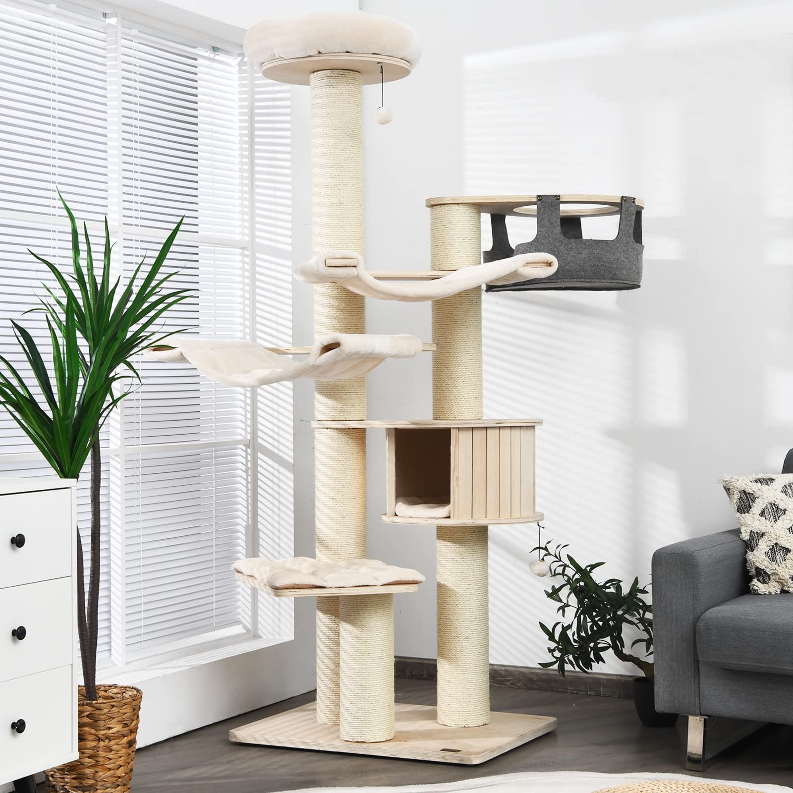 Tangkula Modern Cat Tree for Large Cats - Multi-Level Cat Tower with Condo, Hammocks & Hanging Basket - Tall Wooden Cat Tree with Sisal Scratching Posts & Washable Cushions - Perfect Indoor Playground for Kittens and Adult Cats