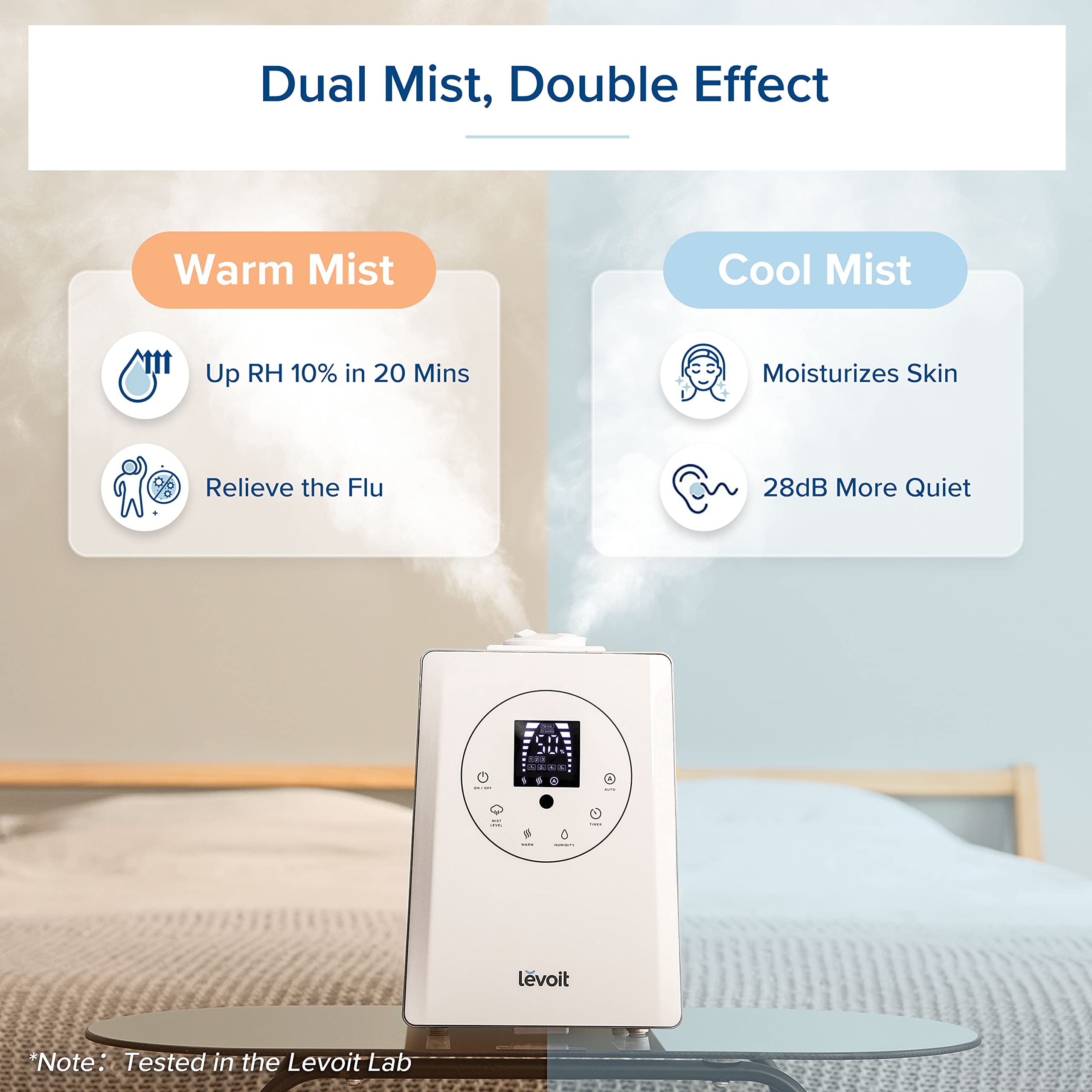 LEVOIT 6L Ultrasonic Humidifier - Warm & Cool Mist for Large Rooms, Bedrooms & Whole House | Built-in Humidity Sensor, Essential Oil Diffuser | Whisper Quiet with Timer | Ideal for Dry Air Relief, Baby Nurseries & Plant Care (White)