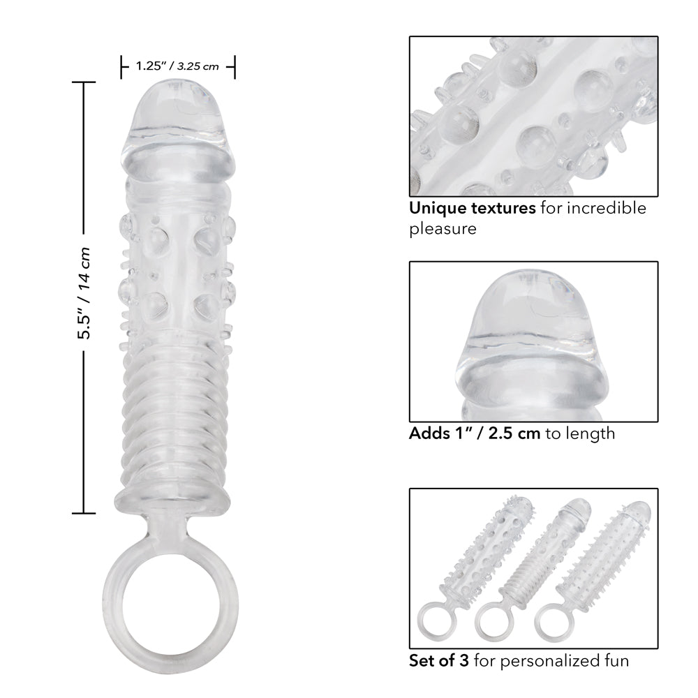 3 Piece Cock Ring & Textured Penis Extension Sleeve Set for Enhanced Pleasure - Couples Sex Toys for Men, Stretching Sleeves for Intimate Play & Sensual Massage