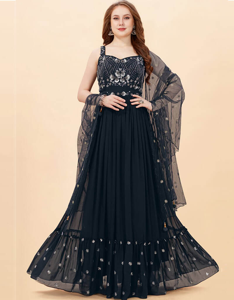 Black Faux Georgette Fabric Maxi Dress - Elegant Long Flowy Evening Gown for Women | Perfect for Parties, Weddings & Special Occasions