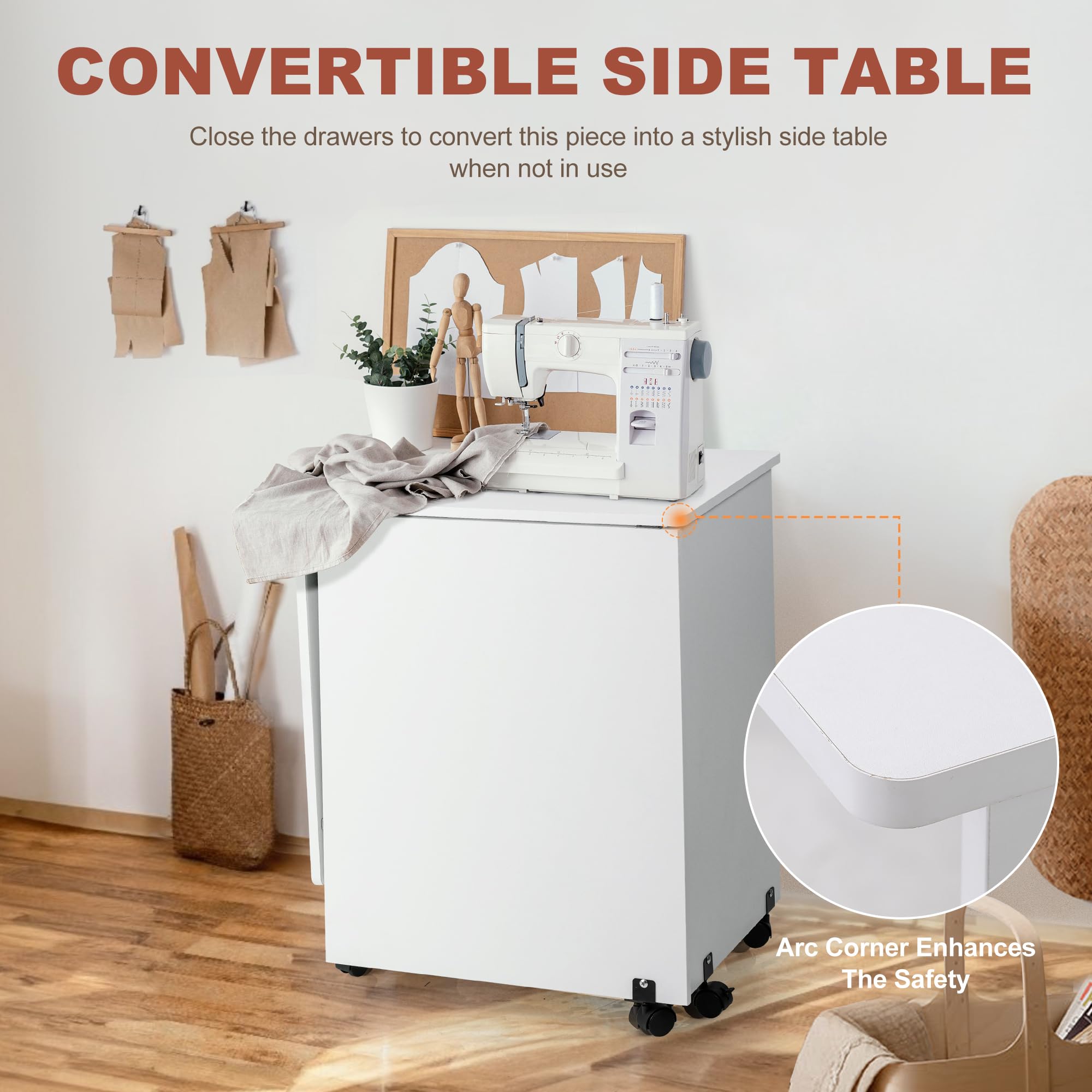 Foldable Sewing Table with Wheels & Storage - Compact Multi-Purpose Sewing Machine Table with Shelves, Bins, Pegs & Magnetic Locks (White) | Perfect for Small Spaces, Craft Rooms & Home Sewing Projects