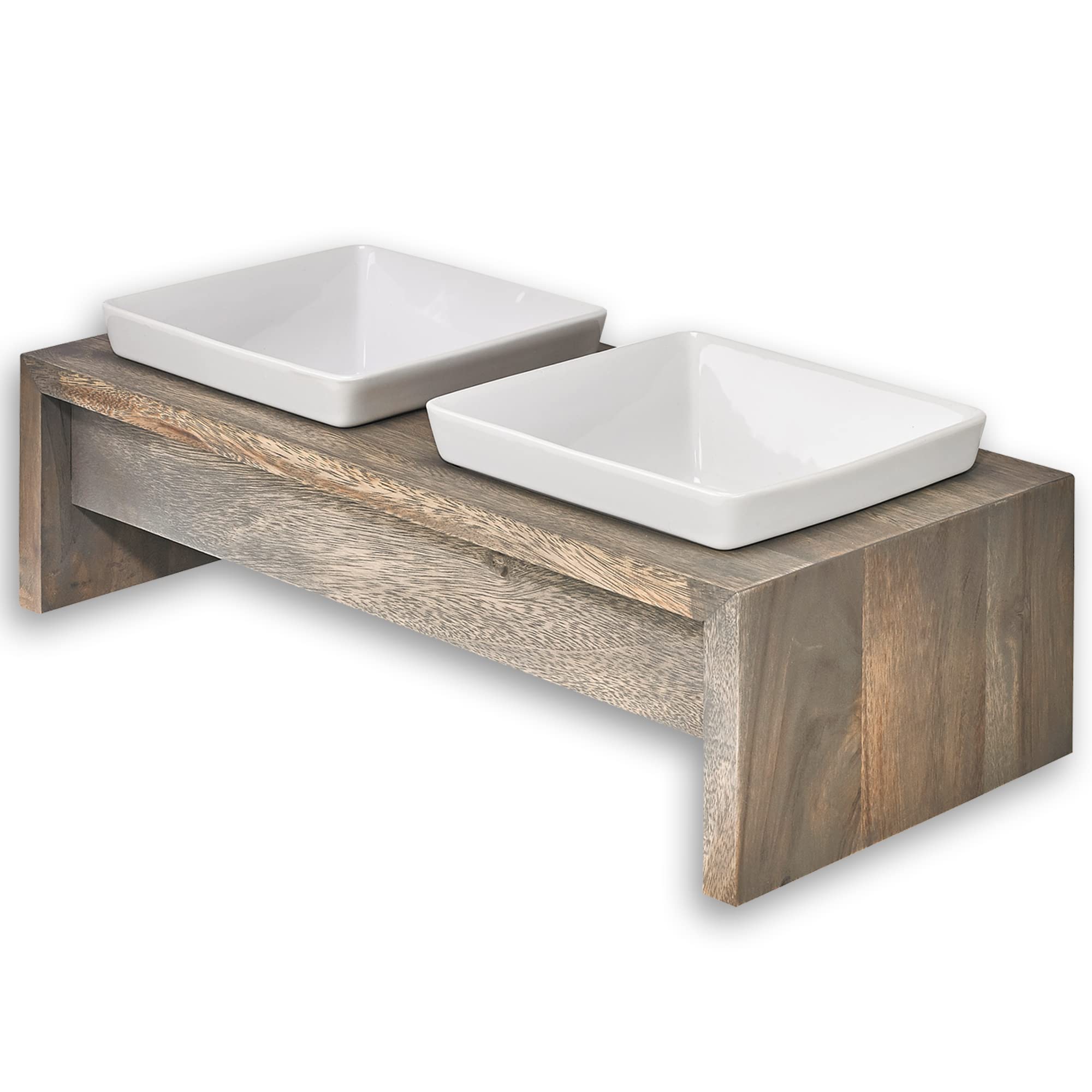 Bowsers Artisan Diner Double Dog Feeder - Handcrafted Rubberwood Frame with Square Ceramic Bowls for Large Dogs - Fossil Color, 24