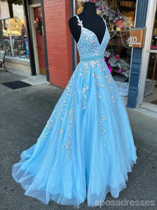 Elegant Blue A-Line Spaghetti Strap V-Neck Maxi Prom Dress for Women - Perfect for Prom, Evening Gala, and Formal Events