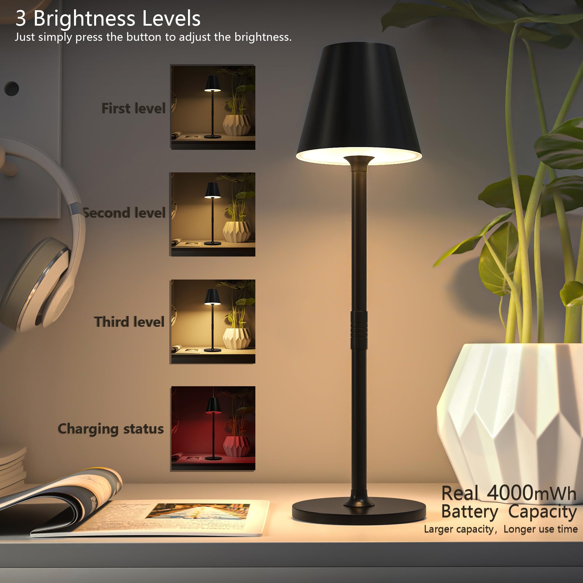 2 Pack LED Cordless Table Lamp - 4000mAh Rechargeable Battery Desk Light with 3 Brightness Levels, Minimalist Night Light for Bedroom, Living Room, Office & Restaurant (Black) - Perfect for Romantic Dinners, Reading & Ambient Lighting