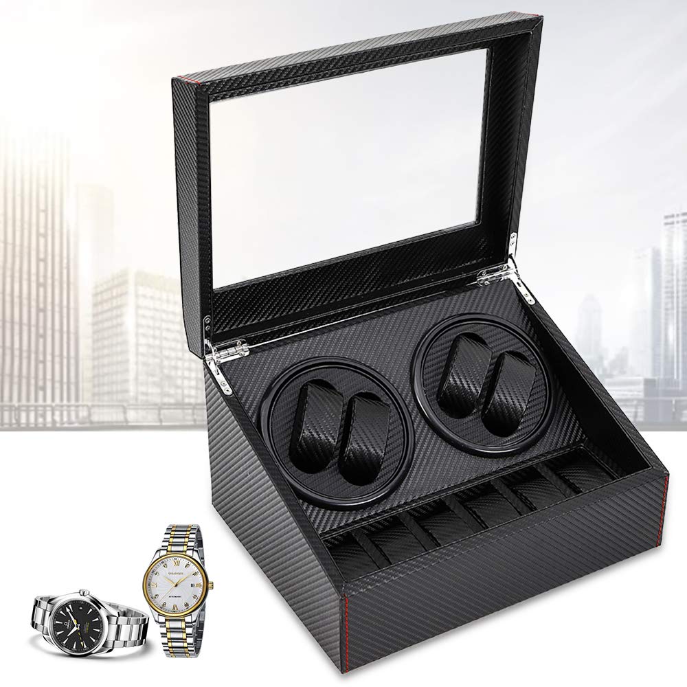 Premium Automatic Watch Winder Display Case - 4+6 Watch Capacity with Silent Rotation, Genuine Leather & Wood Construction - Perfect for Watch Collectors & Luxury Storage (Black) | Ideal for Home Display, Office Decor & Watch Collection Preservation