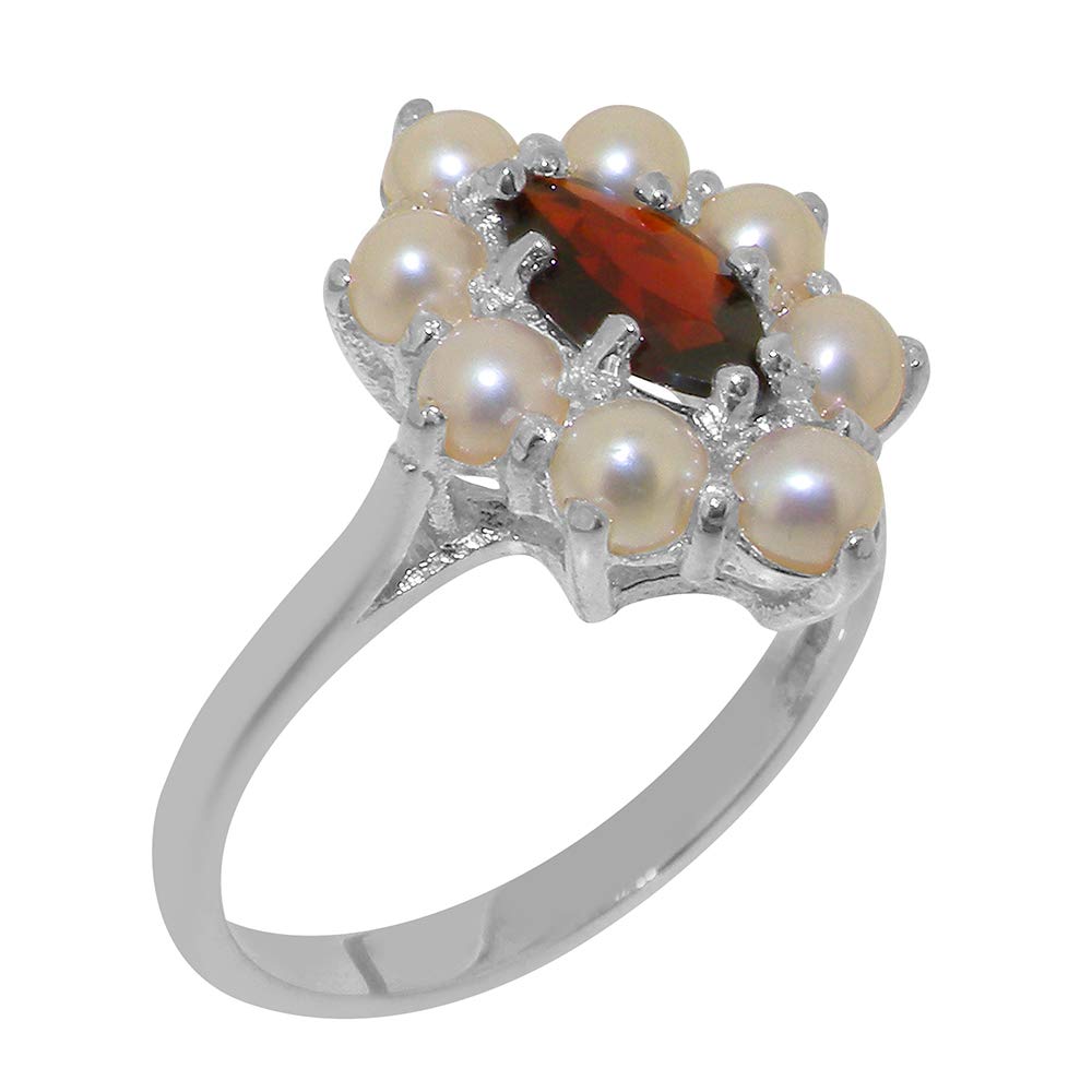 9K White Gold Natural Garnet & Cultured Pearl Cluster Ring for Women - Size 4-12 | Elegant Jewelry for Weddings, Anniversaries & Special Occasions
