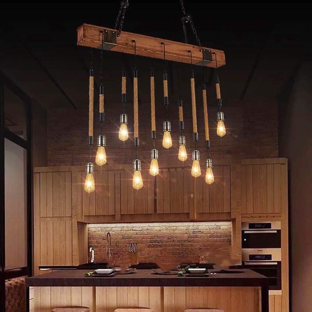 NIUYAO Industrial Retro Rustic Linear Wooden Island Pendant Light - Adjustable 10-Light Chandelier for Kitchen, Dining Room, Bar & Living Room | Farmhouse Ceiling Lighting Fixture | Perfect for Kitchen Islands, Breakfast Nooks & Open Concept Spaces