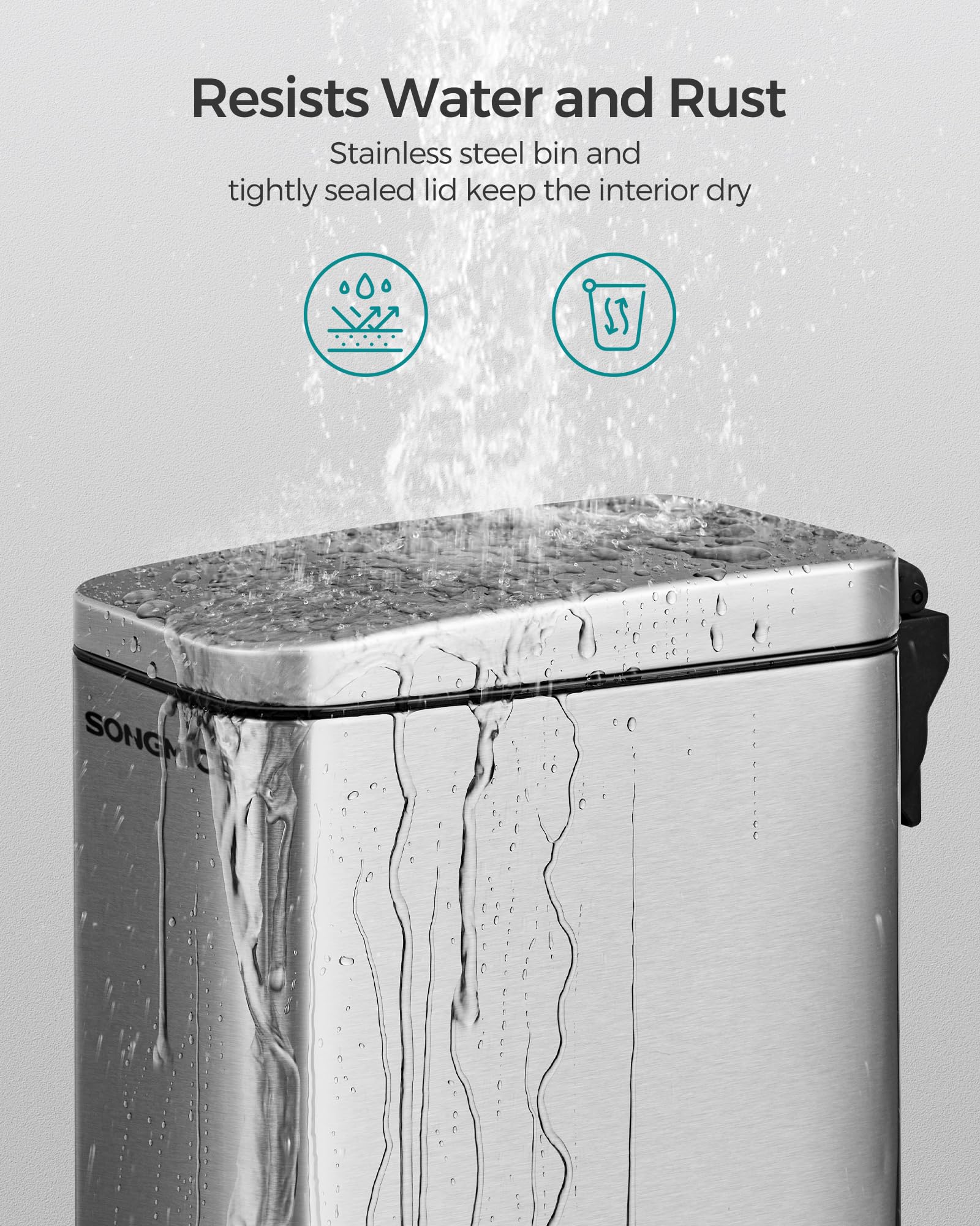 SONGMICS 2.6 Gallon Stainless Steel Bathroom Trash Can with Lid - Slim Small Space Garbage Bin, Soft Close Design, Silver ULTB561E10 - Perfect for Bathrooms, Kitchens, Offices & Tight Spaces