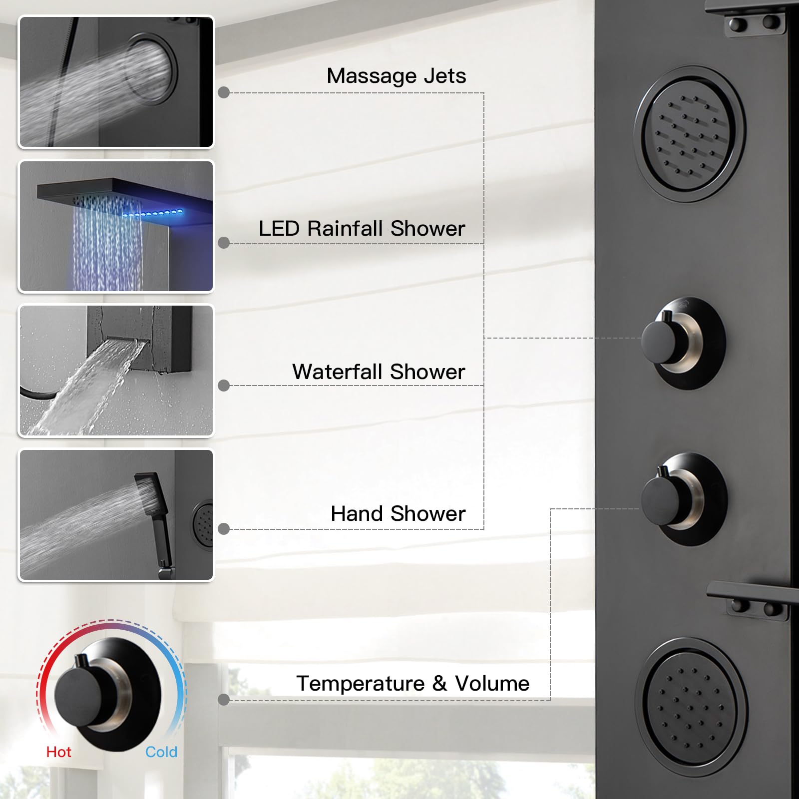 Homevacious 4-in-1 Shower Panel System with LED Rainfall Shower Head, Adjustable Body Jets & Handheld Spray - Matte Black Stainless Steel Bathroom Fixture for Spa-Like Relaxation | Perfect for Modern Bathroom Renovations & Luxury Shower Experiences