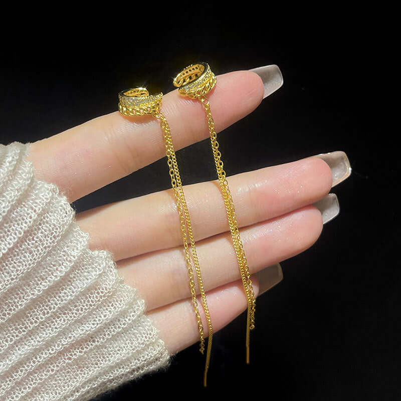 Silver Tassel Two Hole Link Chain Ear Cuff Earrings for Women | Boho Chic Jewelry for Parties, Weddings & Everyday Wear | R2772