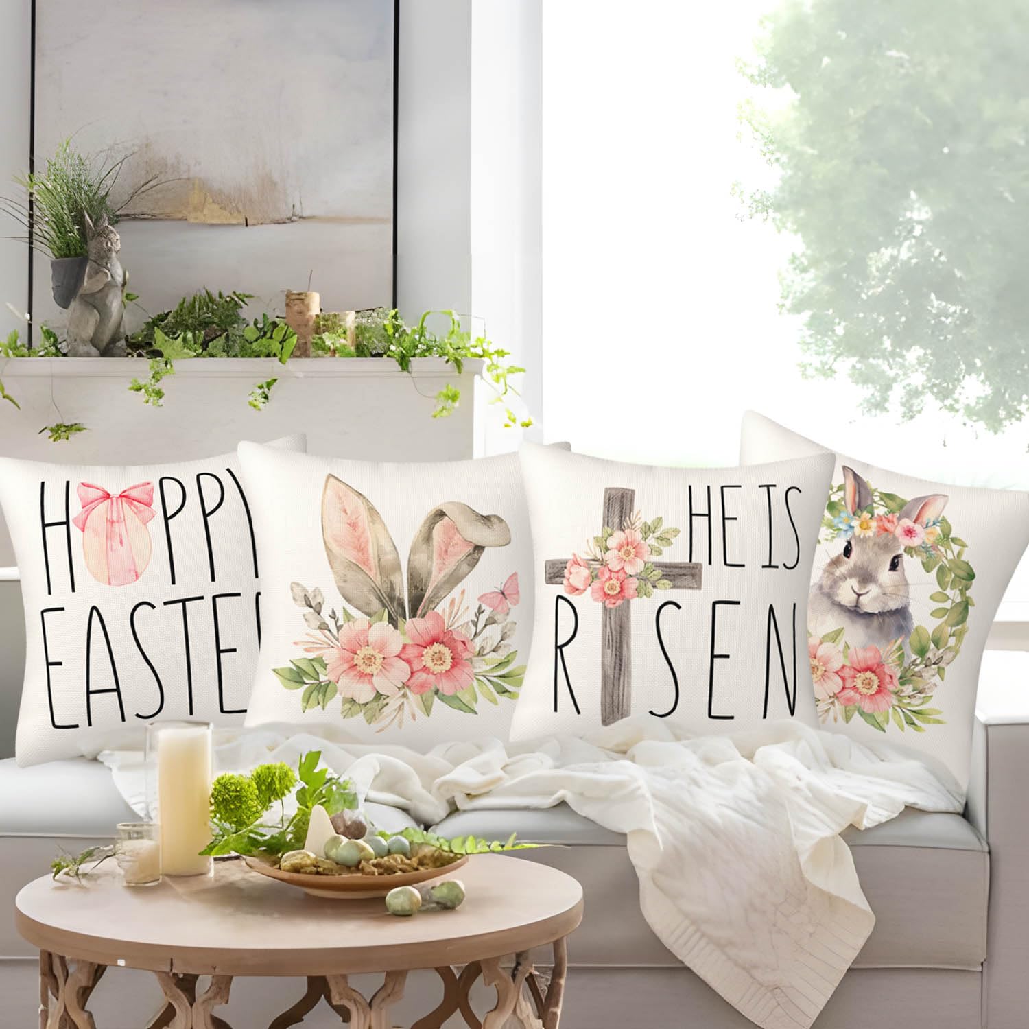 Easter Spring Pillow Covers Set of 4 - 18x18 Inch Bunny Rabbit Decor for Sofa, Couch, Bed & Home Office - Soft Decorative Throw Pillow Cases for Seasonal Home Decor