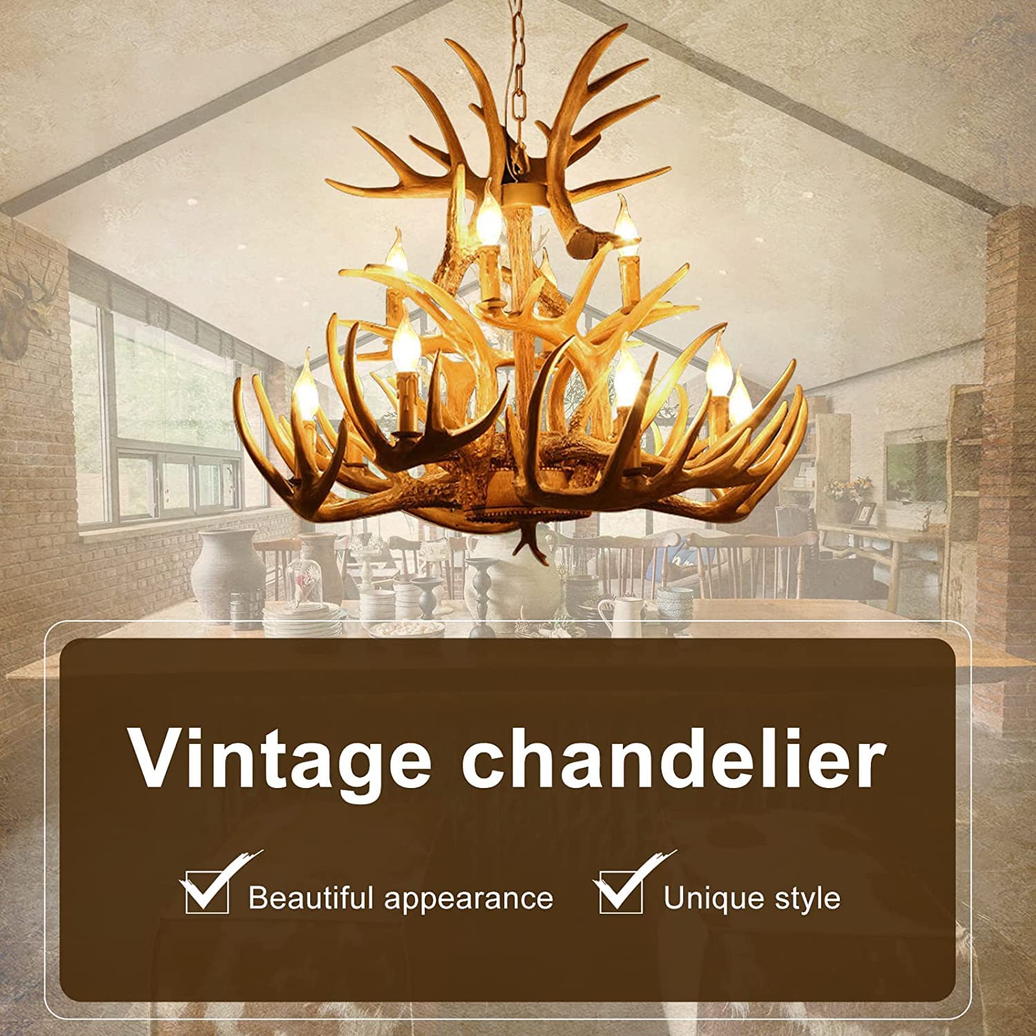 12-Light Resin Deer Antler Chandelier - Double Layer Rustic Country Style Horn Lighting Fixture for Living Room & Dining Room - Perfect for Cabin, Lodge, and Western-Themed Decor (15 Antlers)