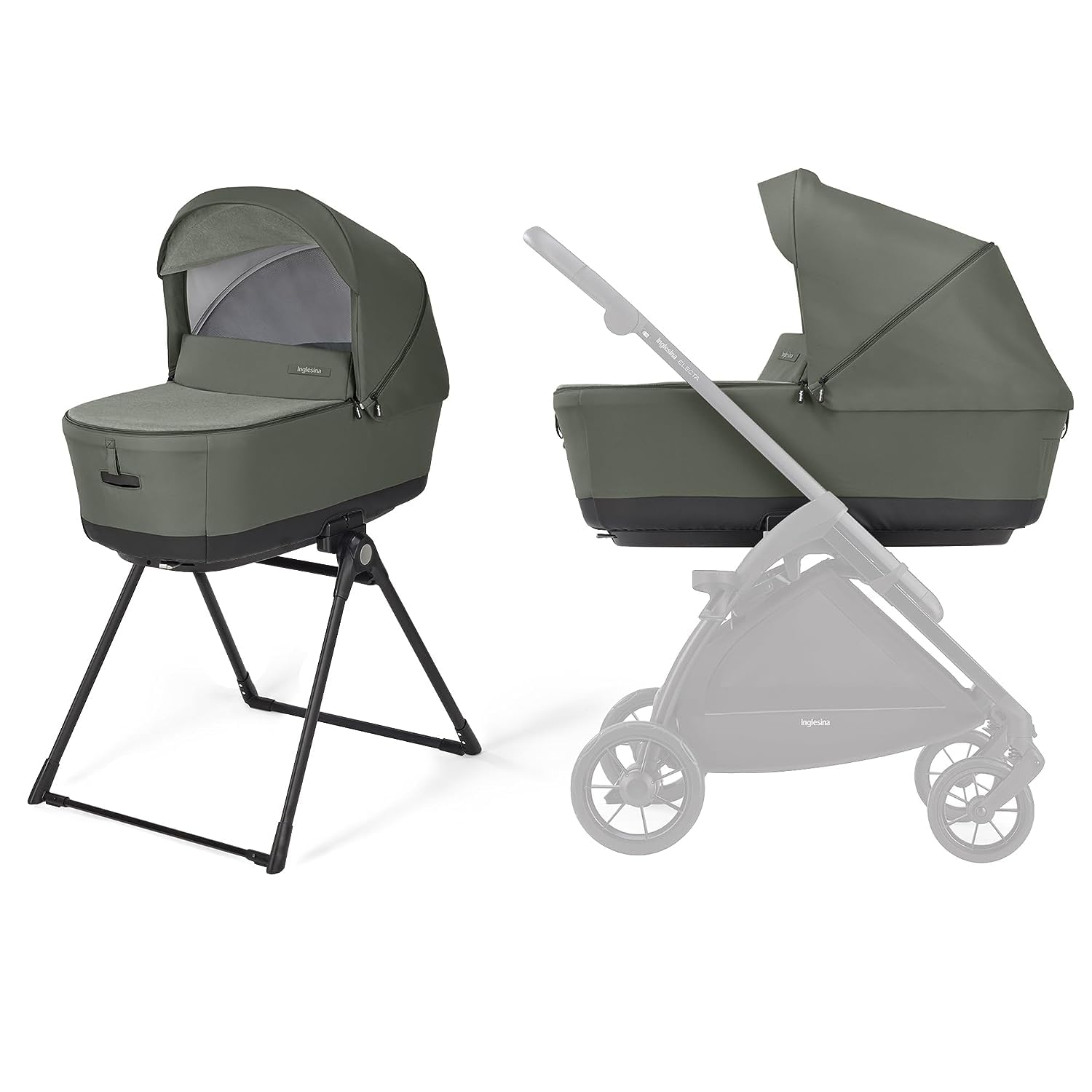 Inglesina Electa Bassinet & Stand for Newborns & Babies up to 6 Months - Portable Crib with Ventilation System, Cover & Canopy - Compatible with Electa Stroller - Tribeca Green - Perfect for Overnight Sleep, Nursery & Travel Use