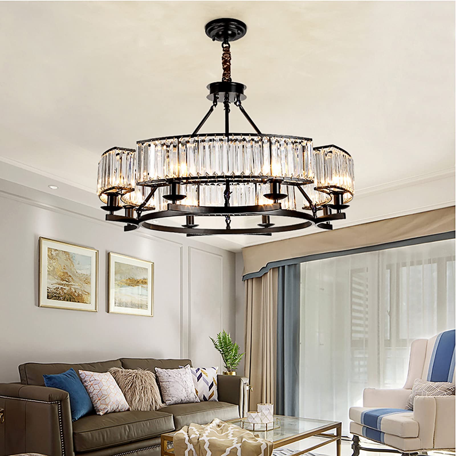 Farmhouse Crystal Chandelier - Black Dining Room Pendant Light with K9 Crystals for Living Room, Foyer & High Ceilings | Elegant Lighting for Rustic Home Decor, Wedding Venues & Luxury Dining Areas