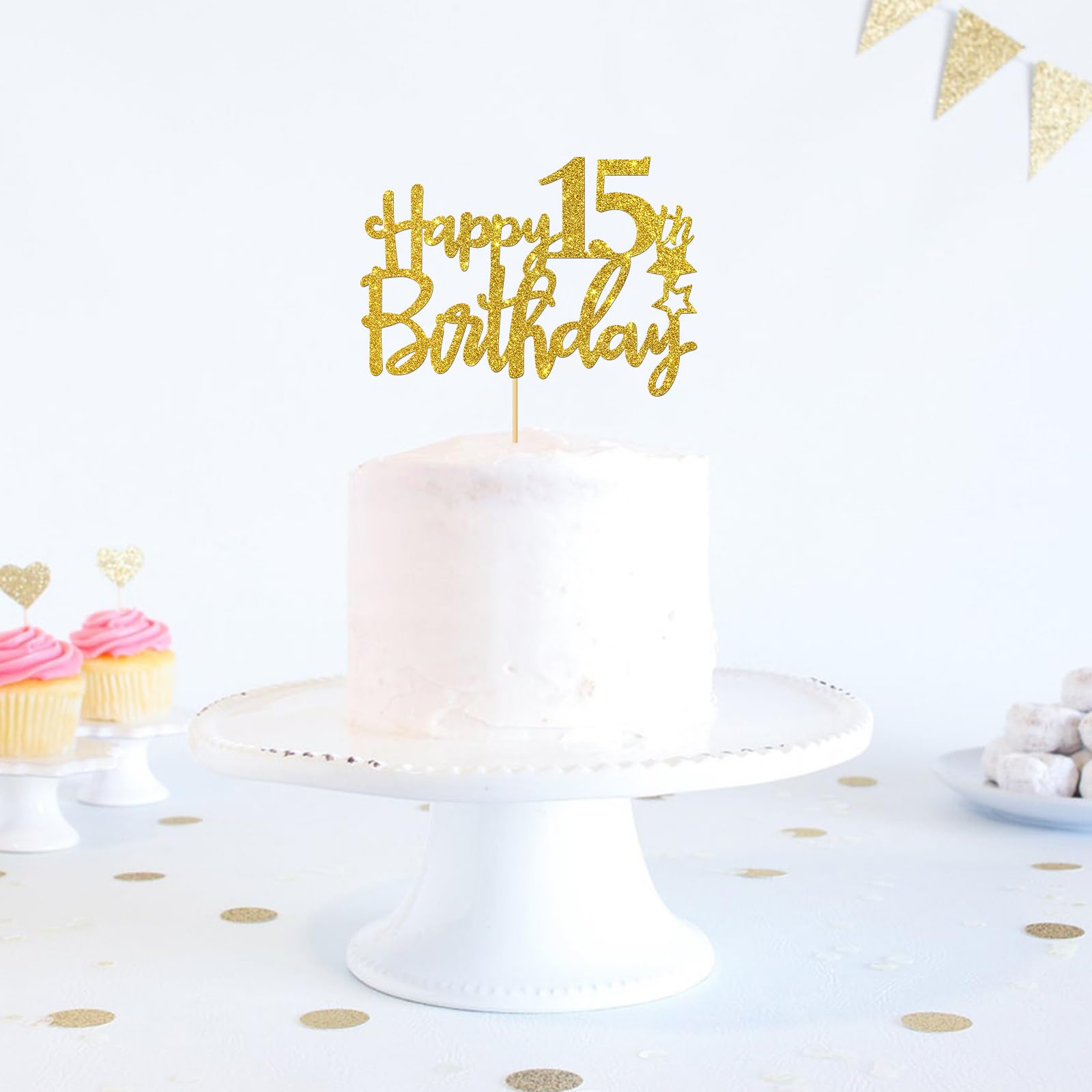 15th Birthday Cake Topper - Gold Glitter 'Happy 15th Birthday' & 'Cheers to 15 Years' Cake Decorations - Party Supplies for Sweet 16 Celebrations, Milestone Birthdays & Teen Parties