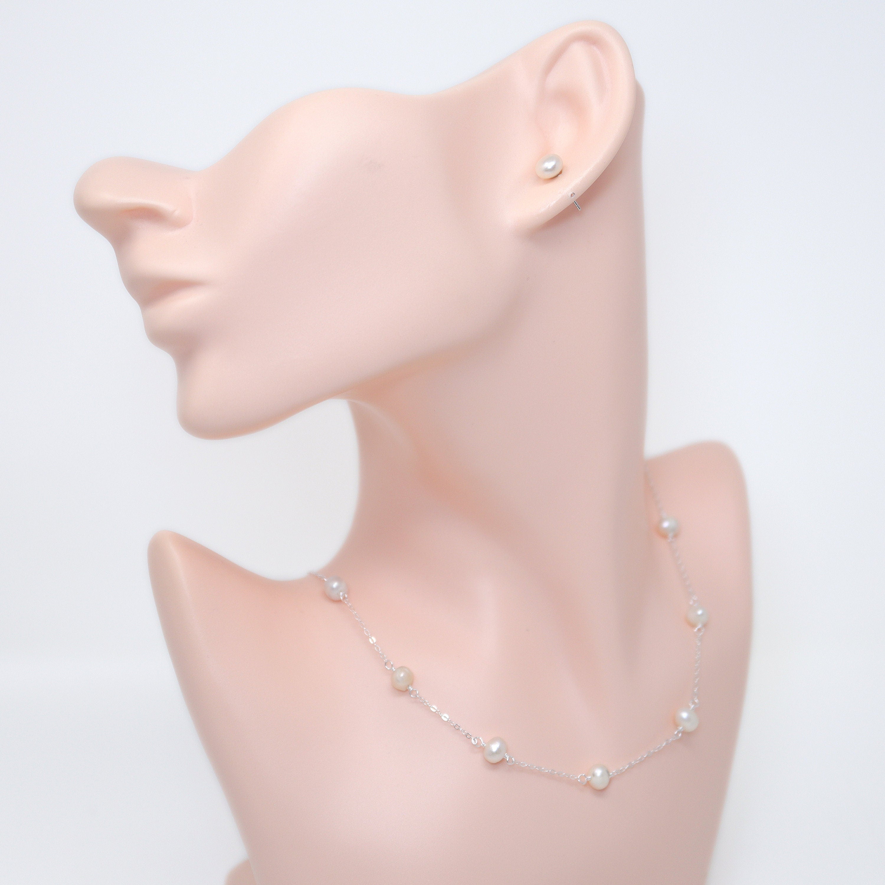 925 Sterling Silver Real Natural Pearl Necklace & Earrings Set, Long Bridal Jewelry, Dainty Pearl Bridal Jewelry for Wedding, Anniversary, and Special Occasions