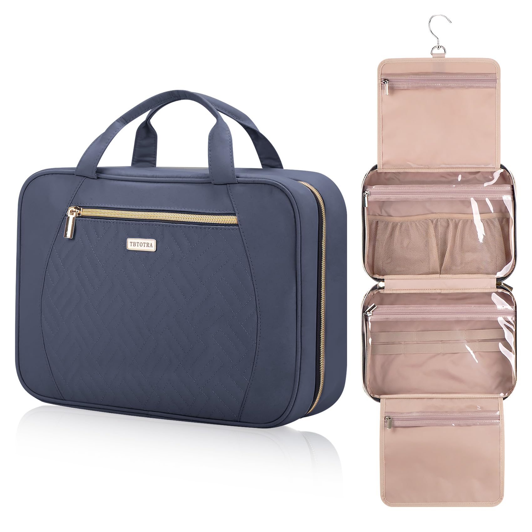 Waterproof Hanging Travel Toiletry Bag for Women & Men - Large Capacity Cosmetic Organizer with Hooks for Toiletries, Makeup Brushes, Shampoo - Perfect for Vacation, Gym, Camping (Medium Grey Blue)