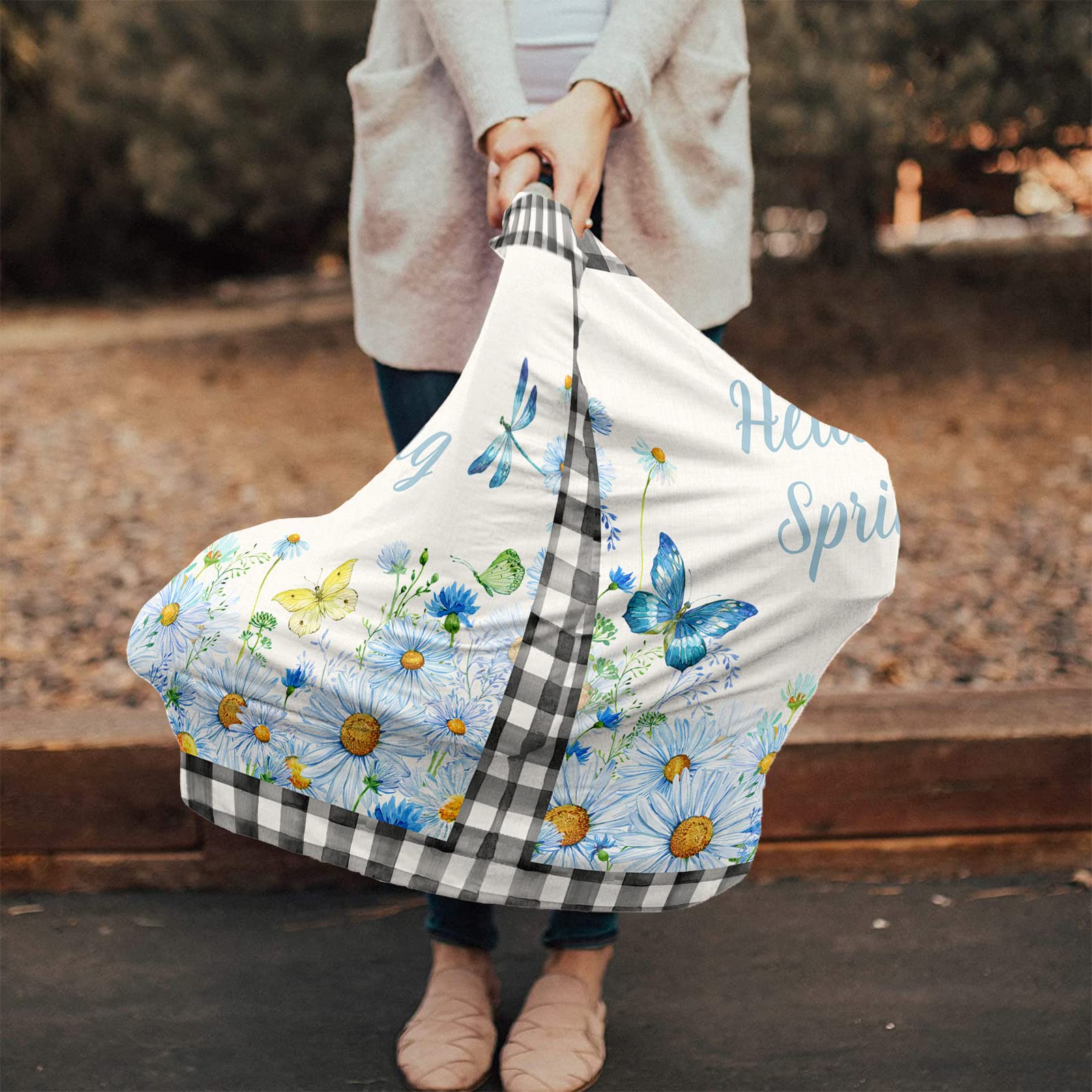 Breastfeeding Cover Scarf for Baby - Soft Stretchy Nursing Poncho with Farmhouse Daisy Floral Plaid & Buffalo Check Patterns - Multi-Use as Car Seat Cover, Stroller Cover & Privacy Nursing Blanket (Black/White) - Perfect for Nursing Moms On-The-Go, Shopping & Outdoor Activities
