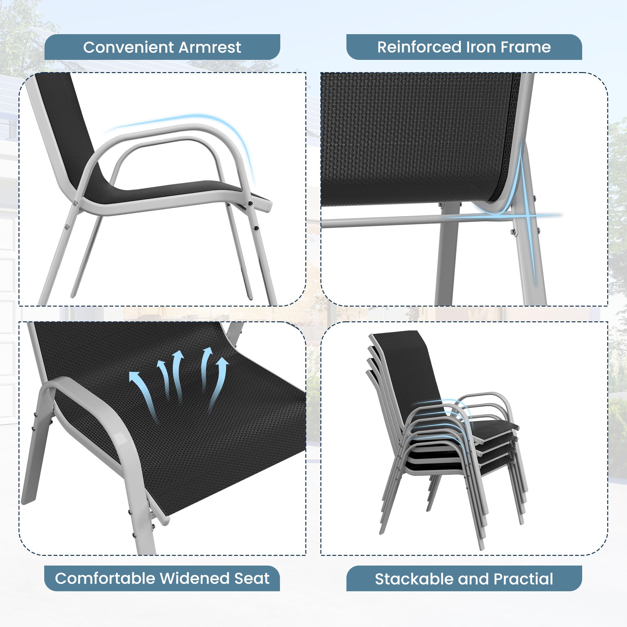 **Amopatio 4-Piece Stackable Patio Dining Chairs Set – All-Weather Outdoor Chairs, Breathable & Comfortable, Silver & Black – Perfect for Backyard, Deck, Garden, or Poolside Dining**