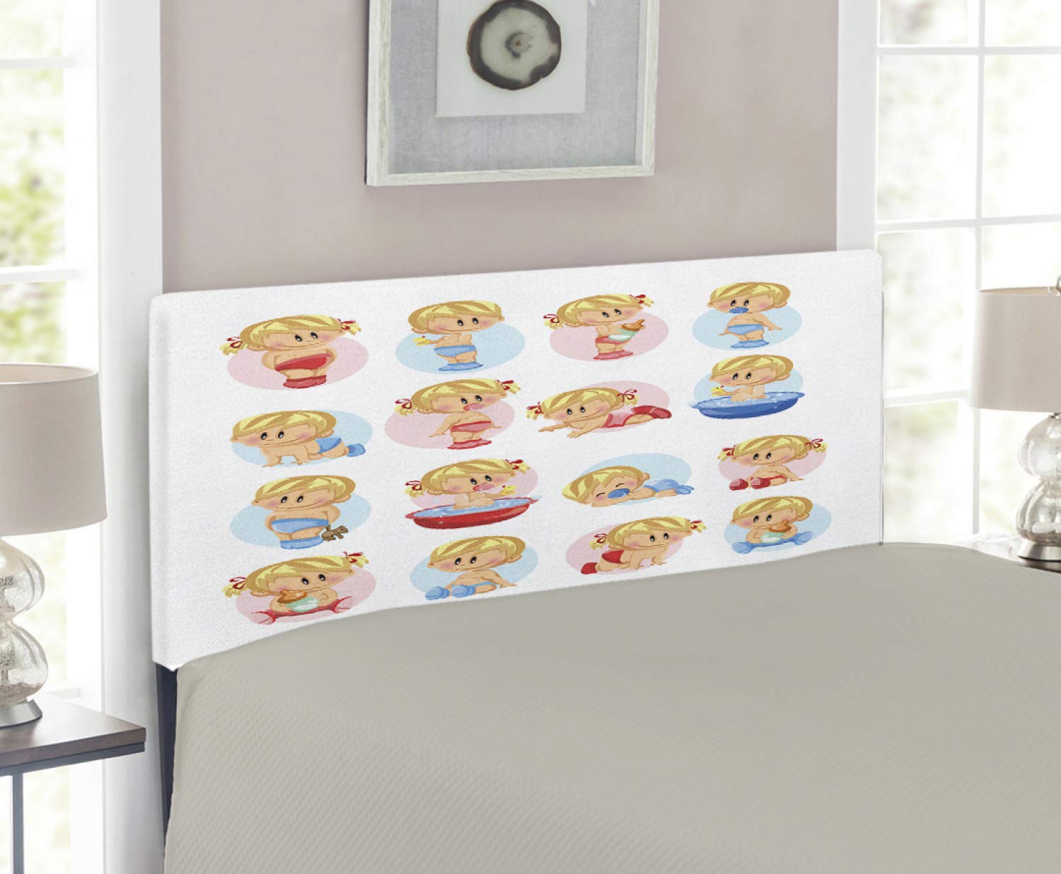 Ambesonne Cartoon Headboard for Kids - Upholstered Decorative Metal Bed Frame with Memory Foam | Twin Size Multicolor Design | Perfect for Nursery, Bedroom & Kids Room Decor (Boys & Girls Playing, Sleeping, Bathing Scenes)