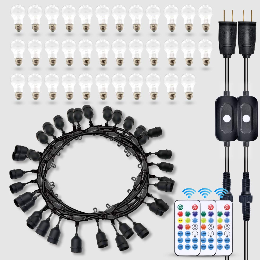 96FT Outdoor Patio Lights Color Changing - RGB LED String Lights with Shatterproof E26 Edison Bulbs, Dimmable Waterproof Backyard Lights for Garden, Deck, Party & Wedding - Includes 2 Remote Controllers