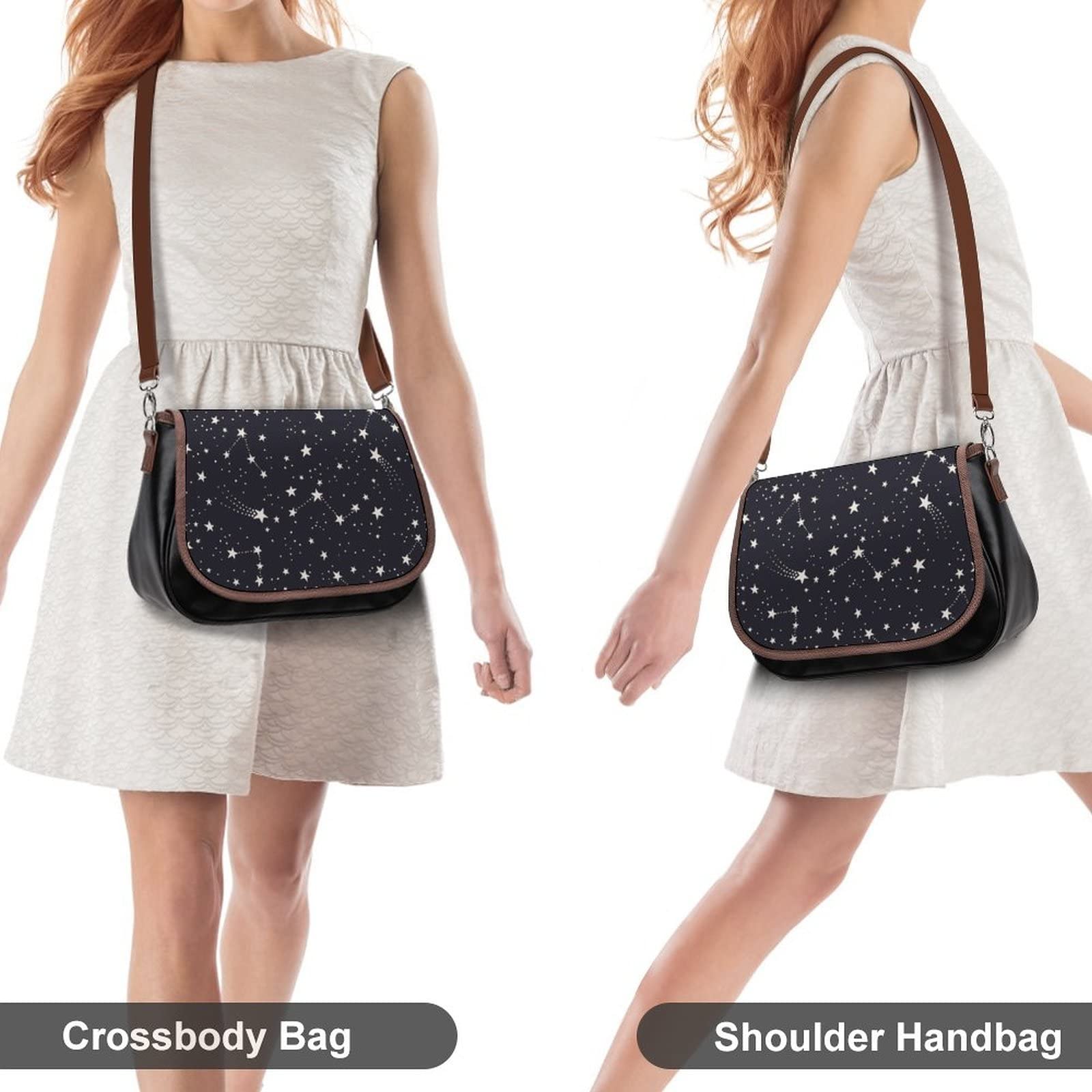 Printed Shoulder Crossbody Bag - Genuine Leather Hobo Purse for Women - Medium Size with Top Handles - Starry Sky Design - Perfect for Work, Travel & Everyday Use