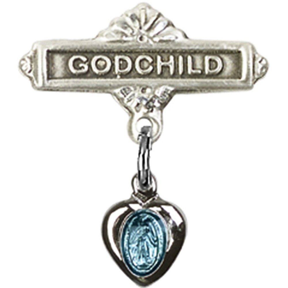 925 Sterling Silver Baby Badge with Blue Miraculous Charm & Godchild Pin - 3/4