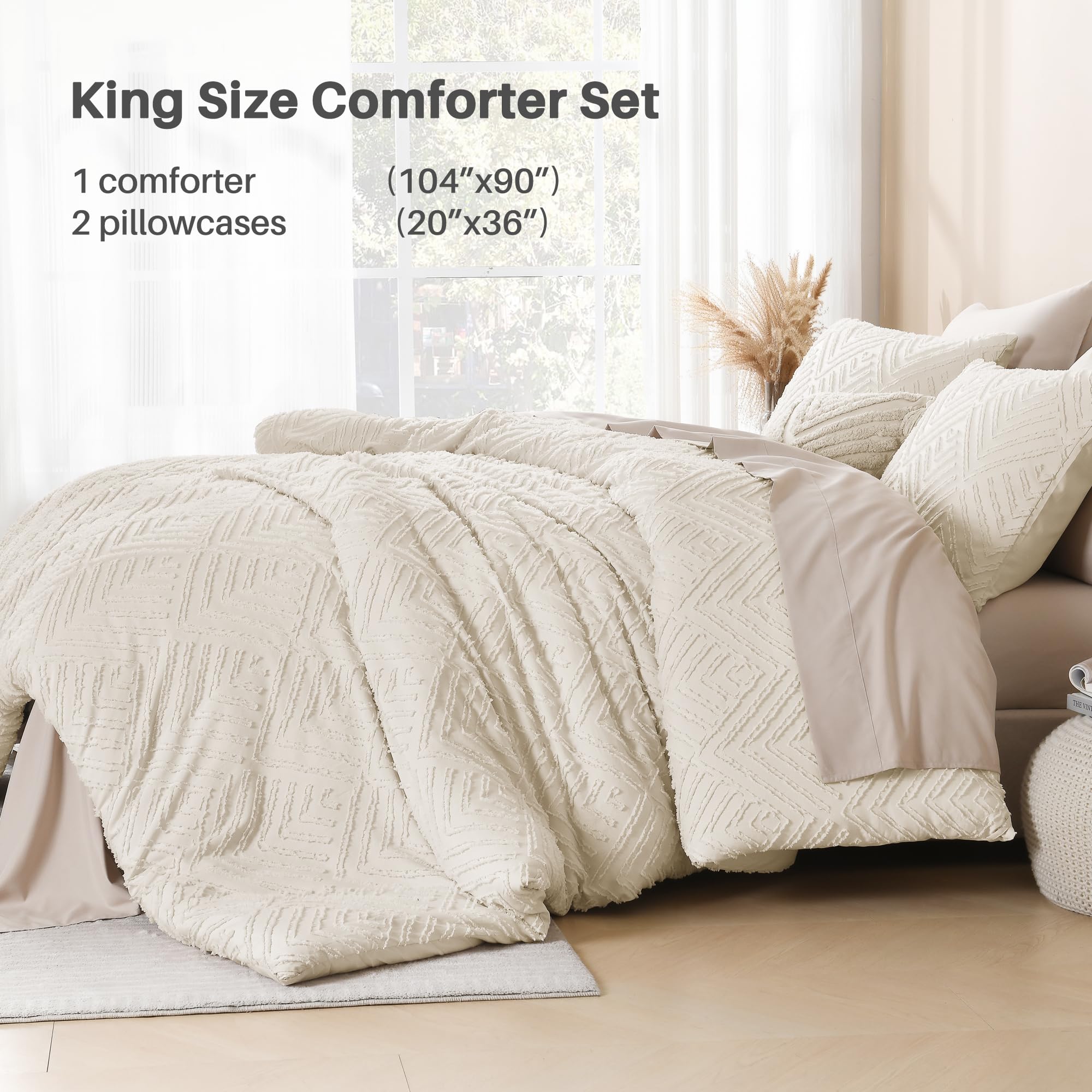Litanika King Size Comforter Set - 3 Piece Beige & Cream Tufted Boho Farmhouse Bedding | Lightweight Fluffy All-Season Comforter with 2 Pillowcases (104x90 Inches) | Perfect for Master Bedroom, Guest Room & Cozy Farmhouse Decor