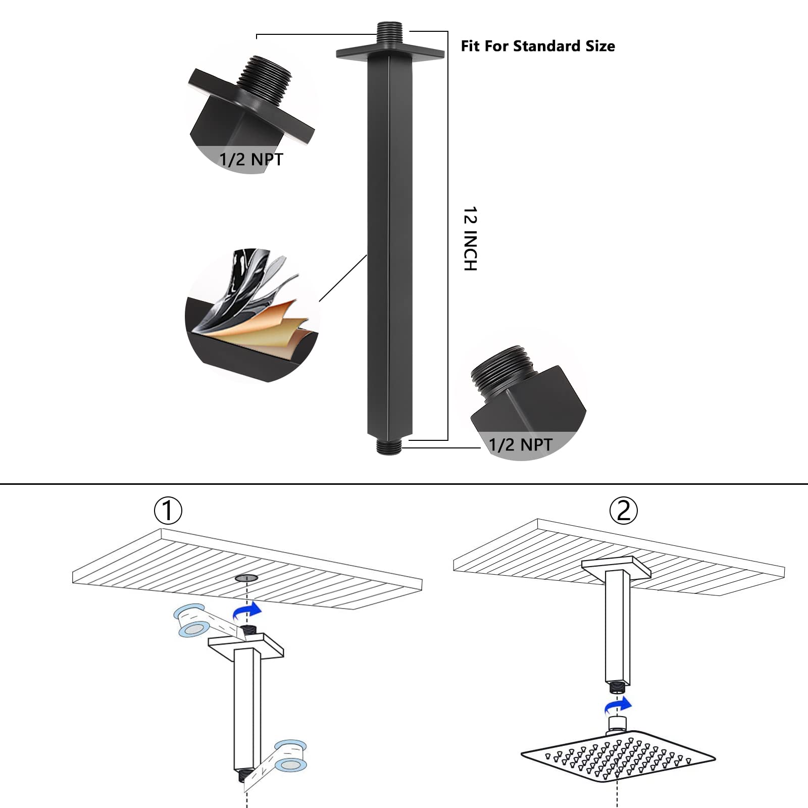 NearMoon 16 Inch Matte Black Rain Shower Head with Shower Arm - Stainless Steel Ceiling Mount Square Rainfall Showerhead for Full Body Waterfall Coverage | Perfect for Luxurious Spa-Like Bathroom Experience & Modern Home Upgrade