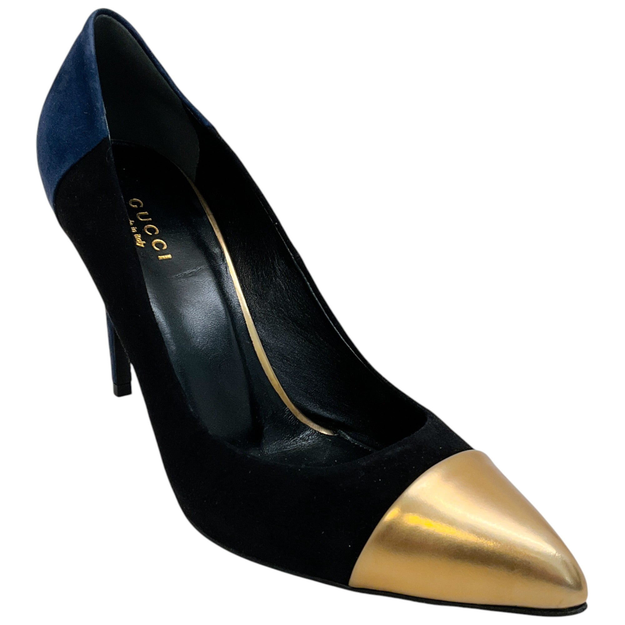 Gucci Black & Navy Suede Pumps with Gold Leather Cap Toe - Women's Luxury Dress Shoes for Parties, Weddings & Formal Events