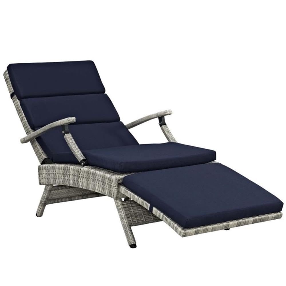 Modern Wicker Patio Lounge Chair - Navy Blue Rattan Outdoor Furniture for Poolside, Garden & Backyard Relaxation