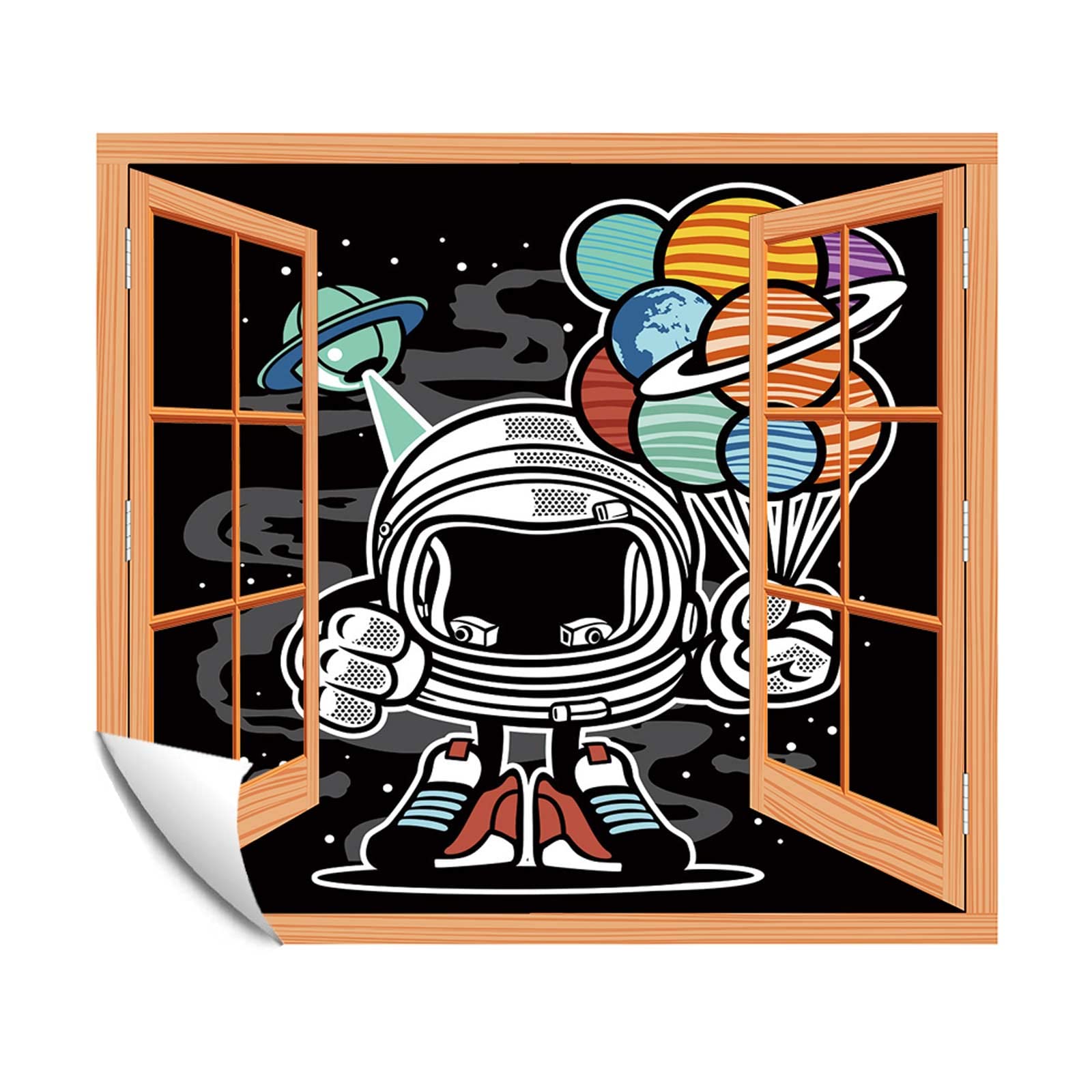 Robot in Space Cartoon Wall Mural - Removable Wall Sticker with Planets, UFO & Balloons - 24