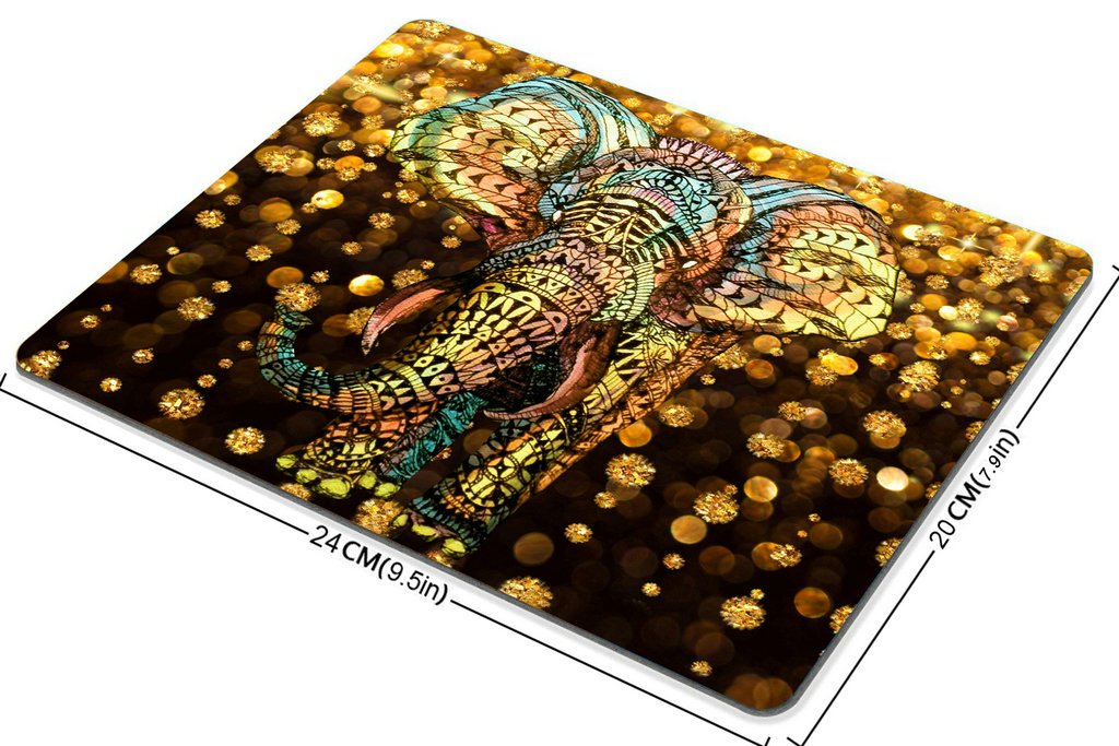 Custom Smooffly Gaming Mouse Pad with Aztec Gold Elephant Design, Glow Jewelry Stones & Gold Rain Shine - Perfect for PC Gaming, Office Work & Home Decor
