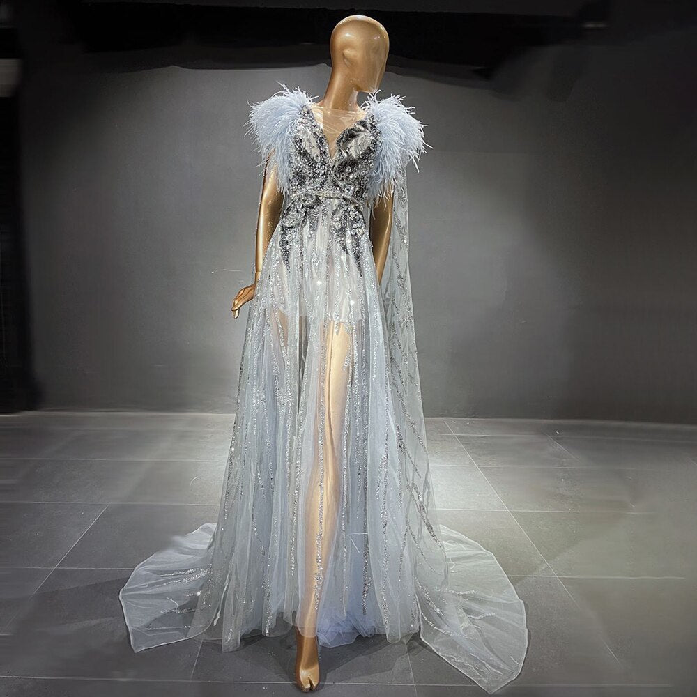 Elegant Silver Cape Sleeve Evening Gowns with Beaded Feather Details - Luxury A-Line Formal Dresses for Women 2025 | Perfect for Prom, Gala & Black Tie Events - LA71546
