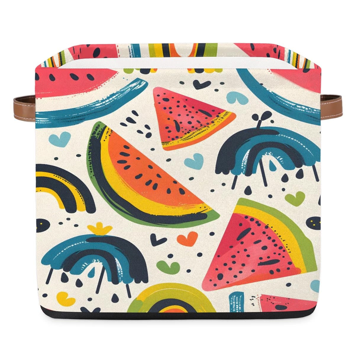 13 Inch Collapsible Storage Basket with Leather Handle - Watermelon Design Organizer Bin for Closet, Shelves & Home Decor | Perfect for Bedroom, Bathroom & Kids Room Organization