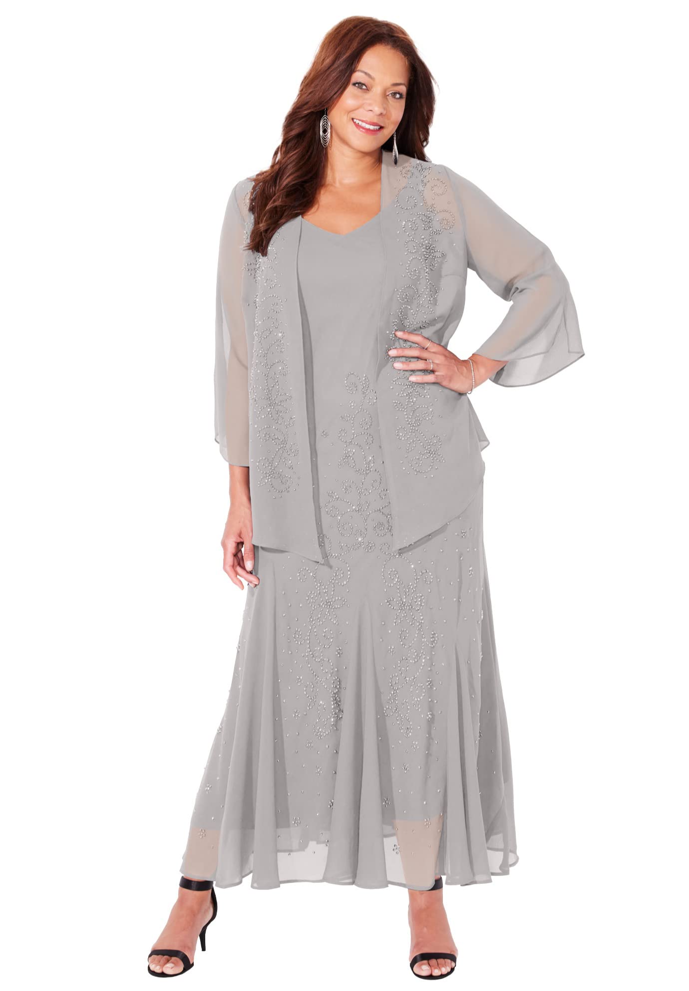 Catherine's Women's Plus Size Masquerade Beaded Dress Set with Jacket (Petite Available) - Size 16W, Grey | Elegant Evening Gown for Parties, Weddings & Special Occasions