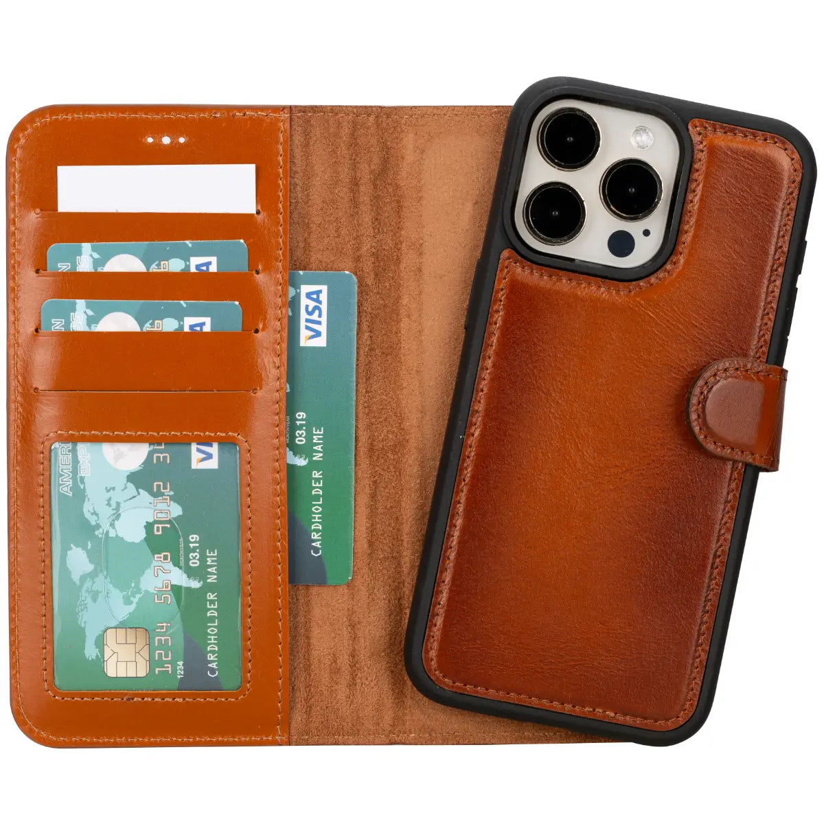 Premium Burnished Tan Leather Wallet Case for iPhone 15 Pro Max - Slim Protective Cover with Card Slots | Perfect for Business, Travel & Everyday Use